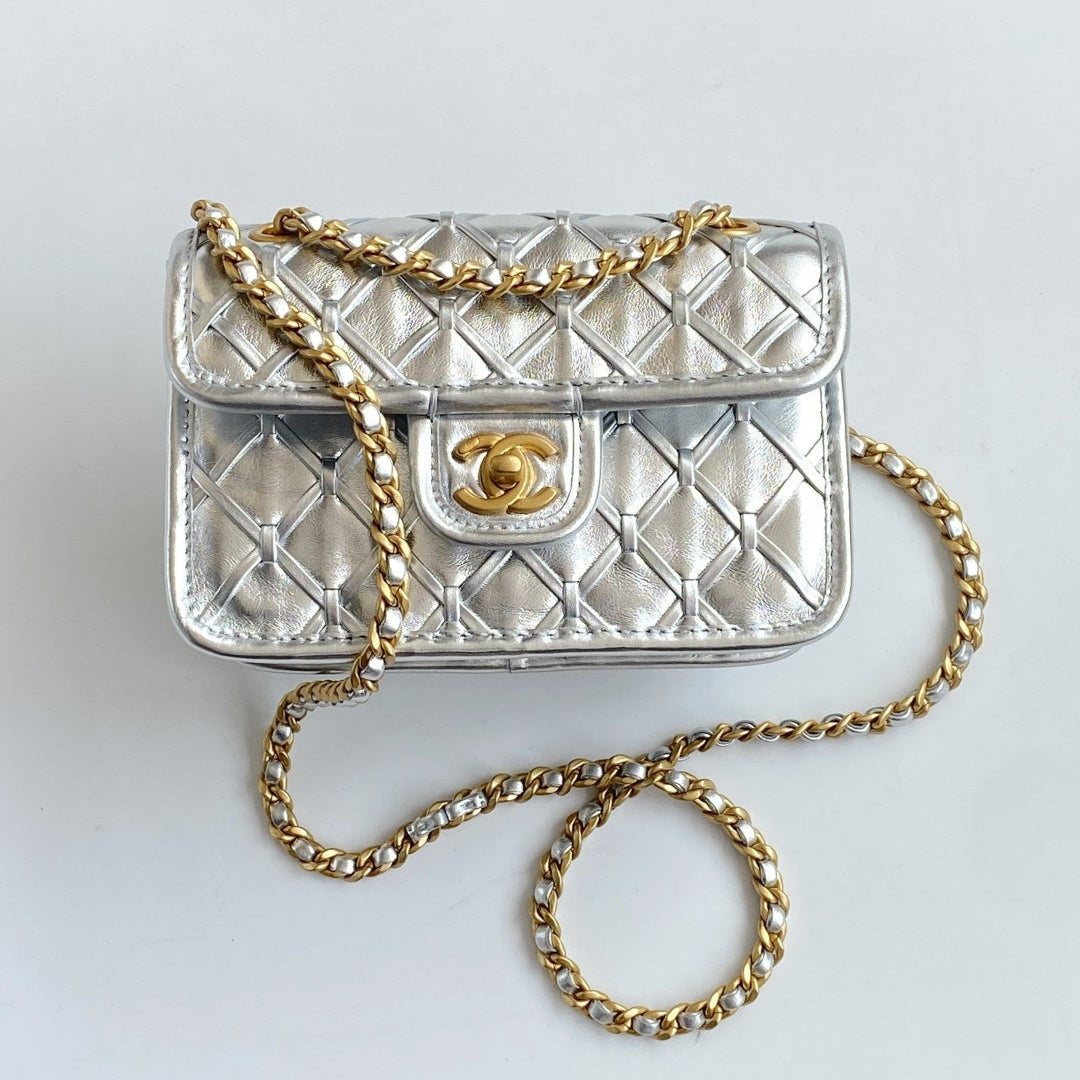 Chanel 25C Mini Flap Bag Silver Gold Lambskin