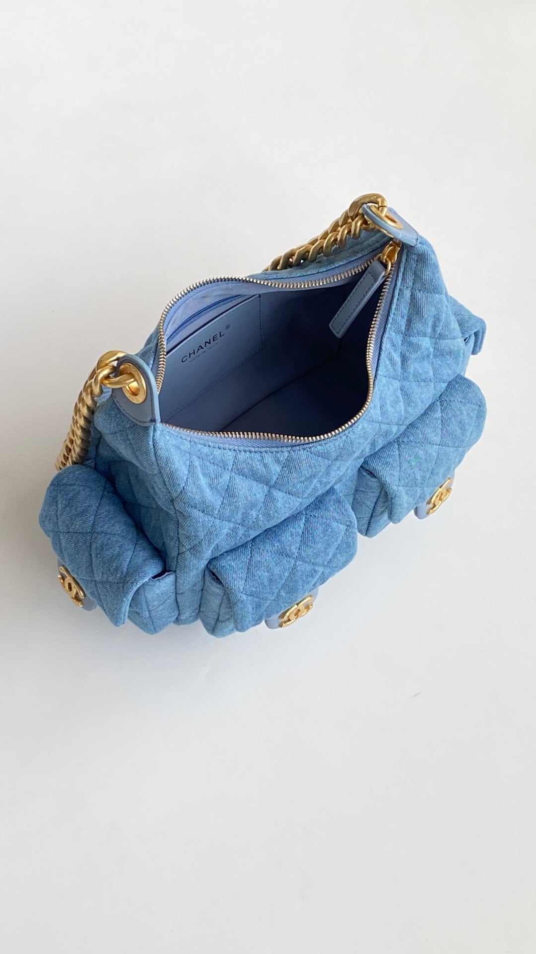 Chanel 25 Large Cargo Hobo Bag Blue Gold Denim Fabric