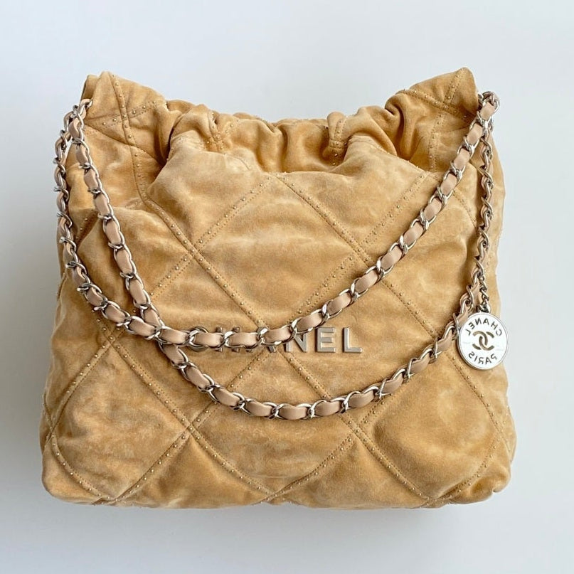 Chanel 25 Quilted Studded Bag Beige Suede