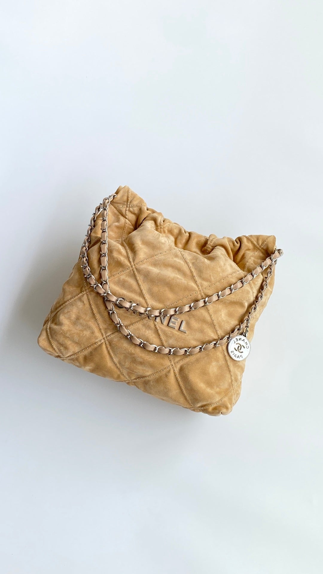Chanel 25 Quilted Studded Bag Beige Suede