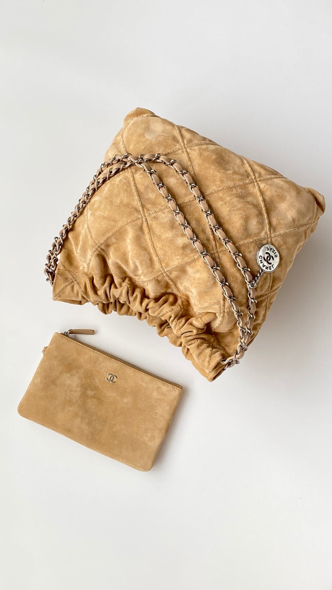 Chanel 25 Quilted Studded Bag Beige Suede