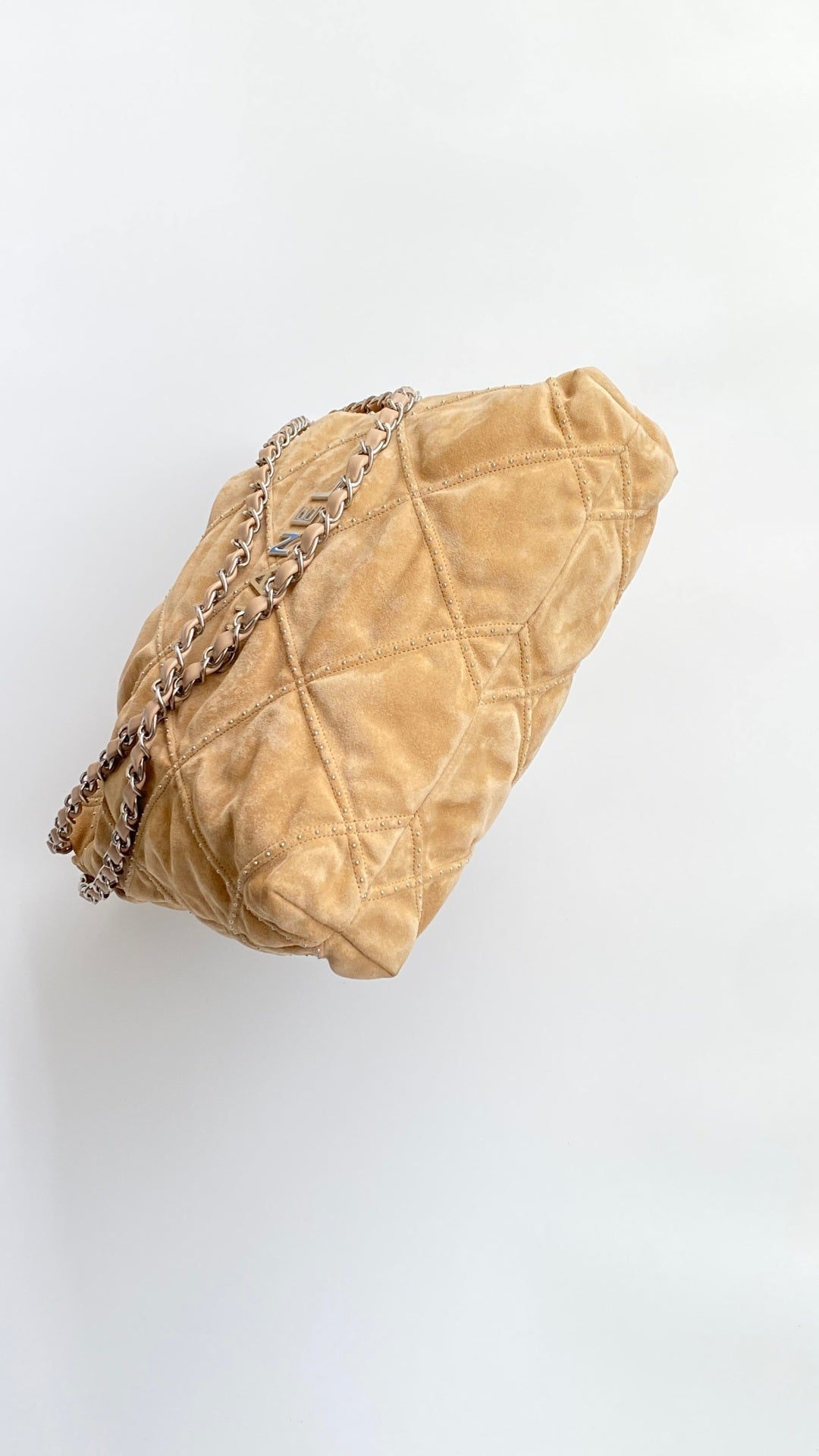 Chanel 25 Quilted Studded Bag Beige Suede