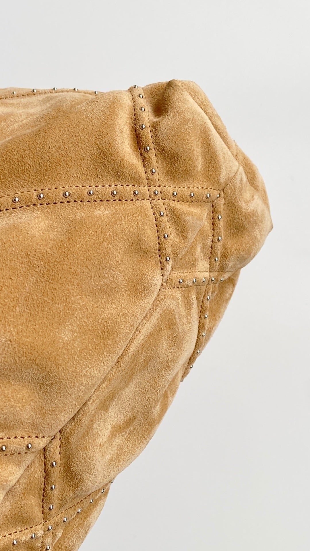 Chanel 25 Quilted Studded Bag Beige Suede