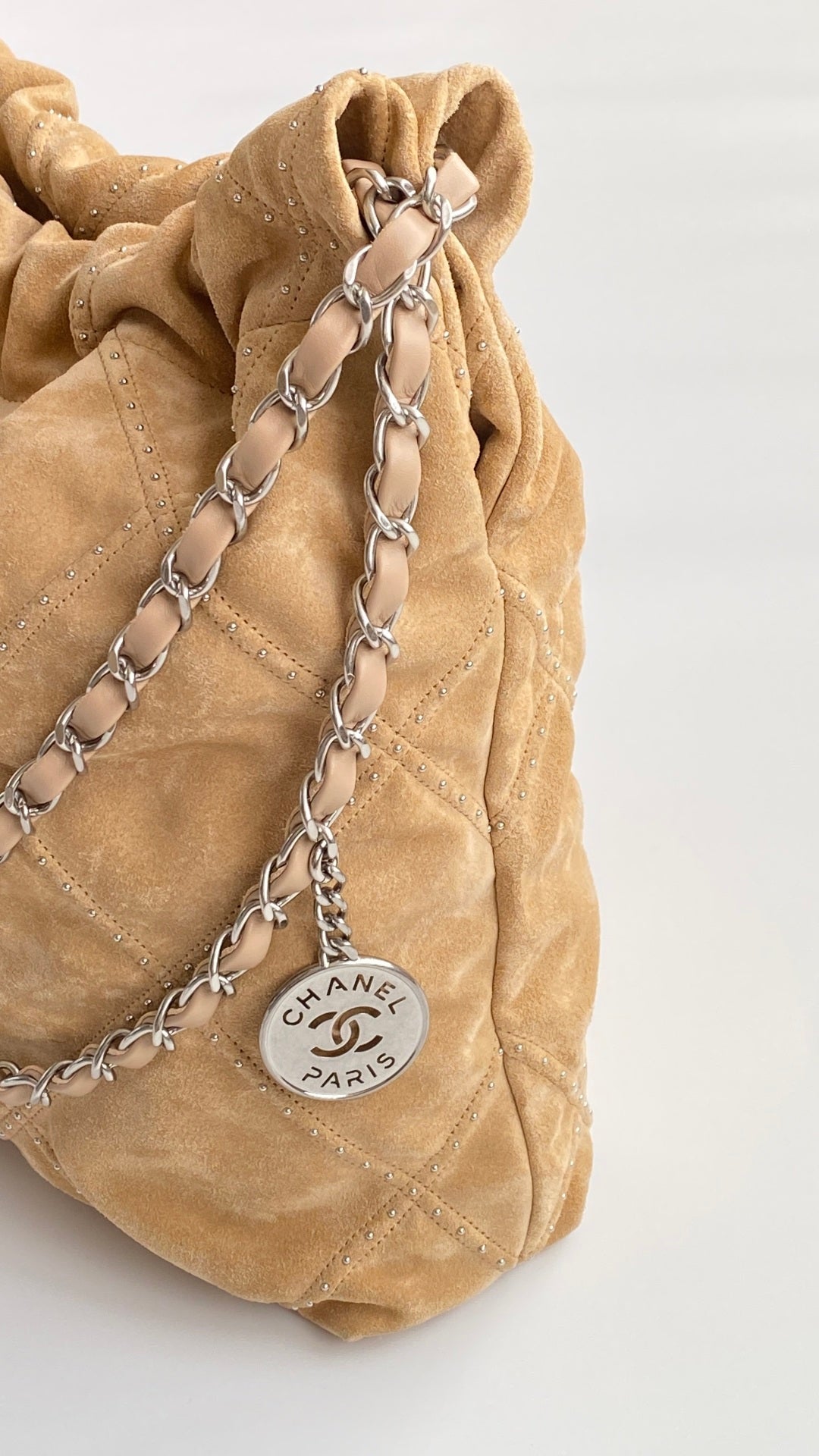 Chanel 25 Quilted Studded Bag Beige Suede