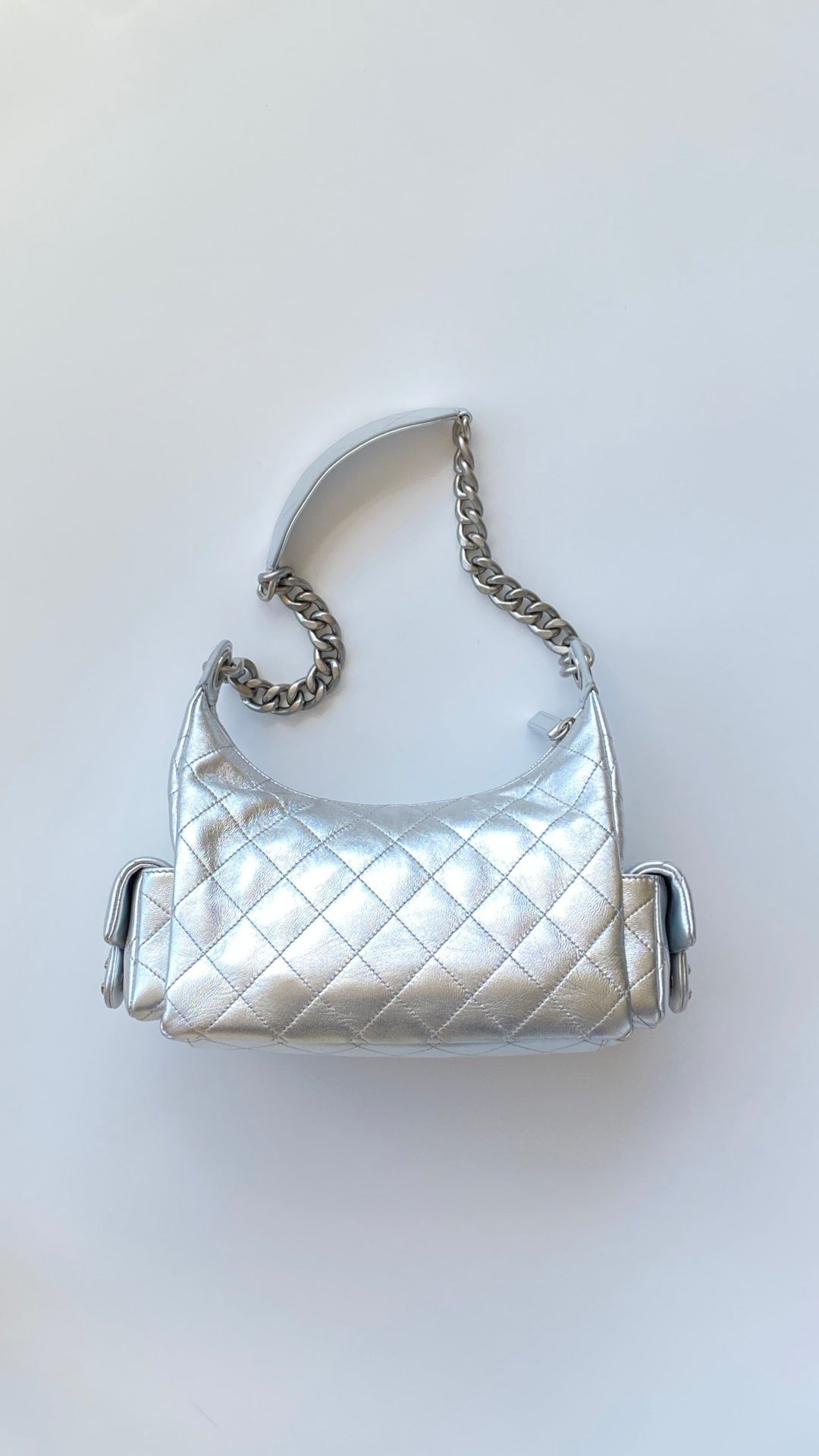 Chanel 25 Large Cargo Hobo Bag Silver Lambskin