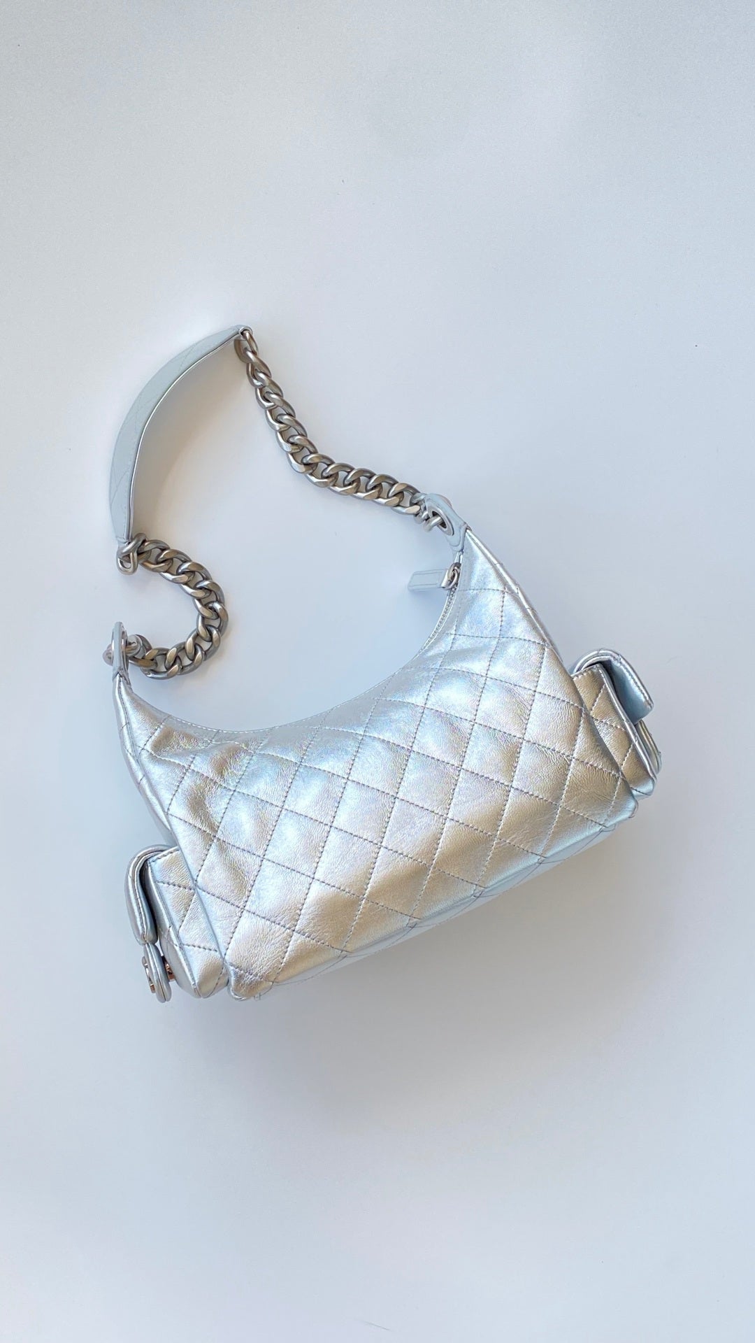 Chanel 25 Large Cargo Hobo Bag Silver Lambskin