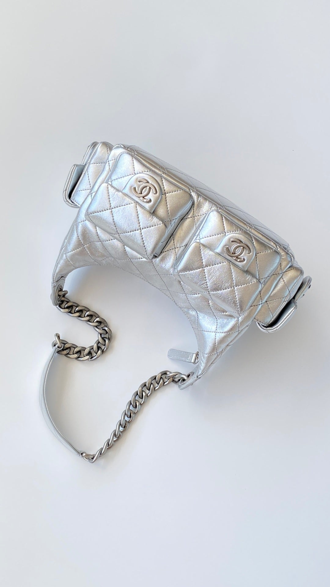 Chanel 25 Large Cargo Hobo Bag Silver Lambskin
