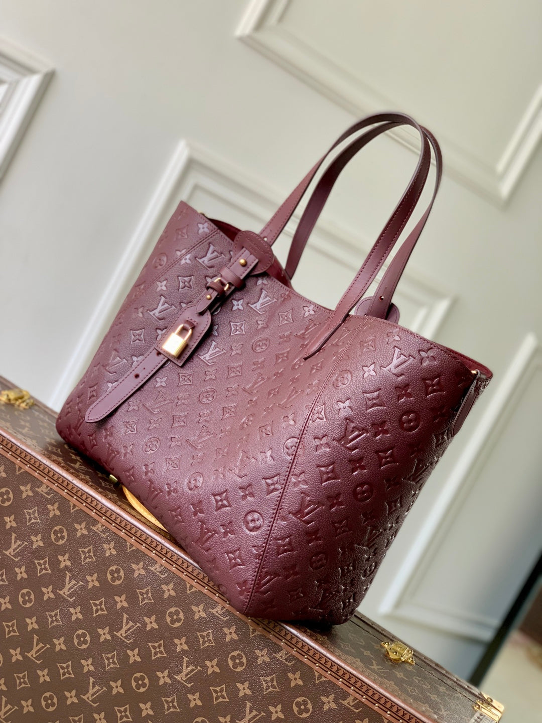 LV 2025 Louis Vuitton All In One MM Bag 56cm Wine Red Monogram Empreinte Leather 343623