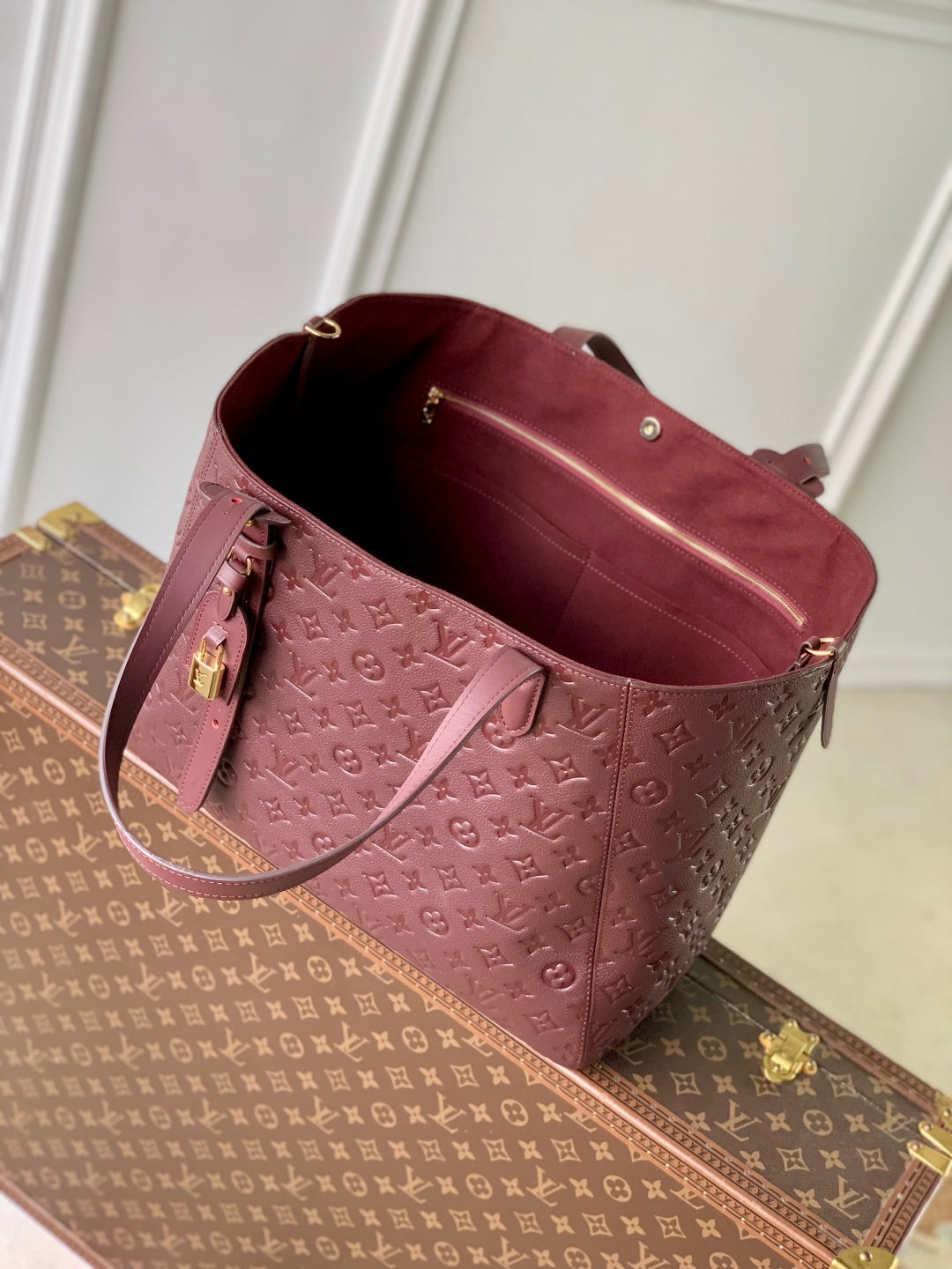 LV 2025 Louis Vuitton All In One MM Bag 56cm Wine Red Monogram Empreinte Leather 343623