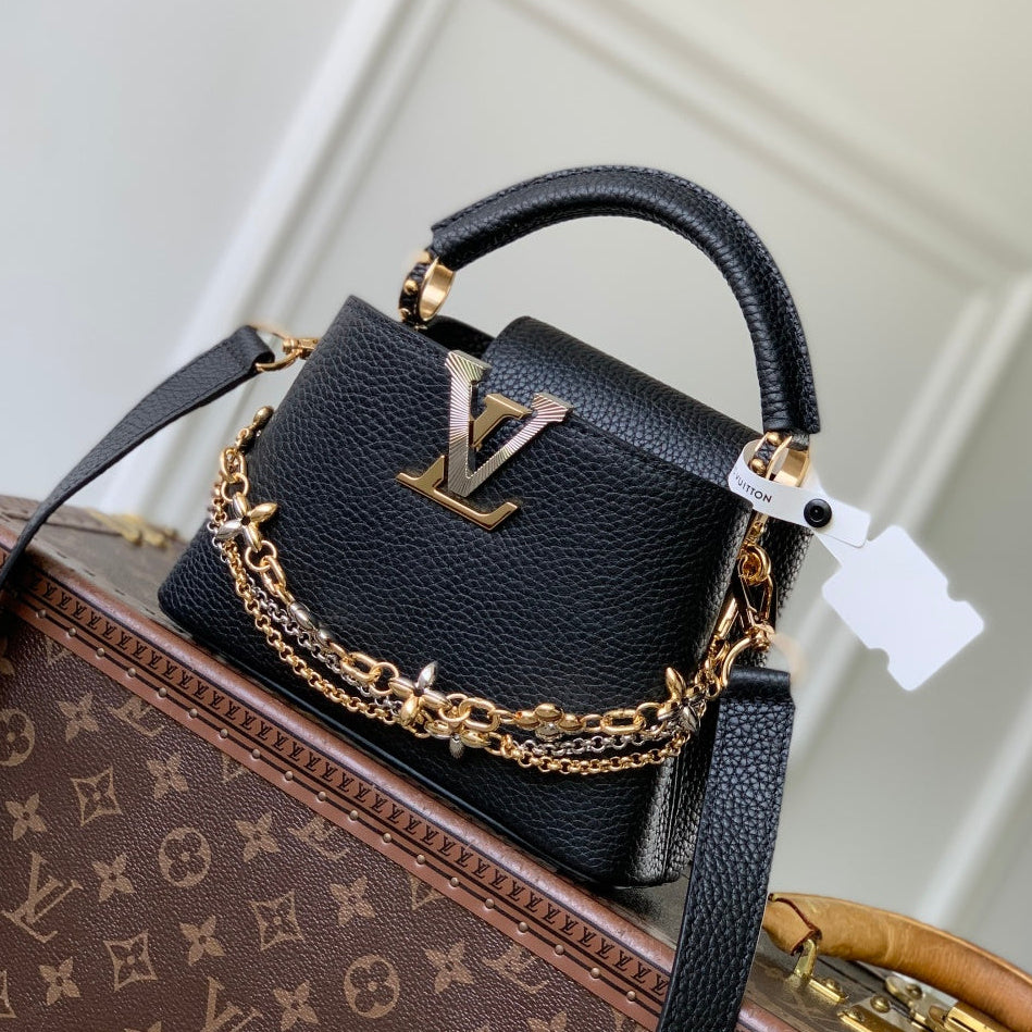 LV 2025 Capucines Bag Black Gold Taurillon Leather 347382