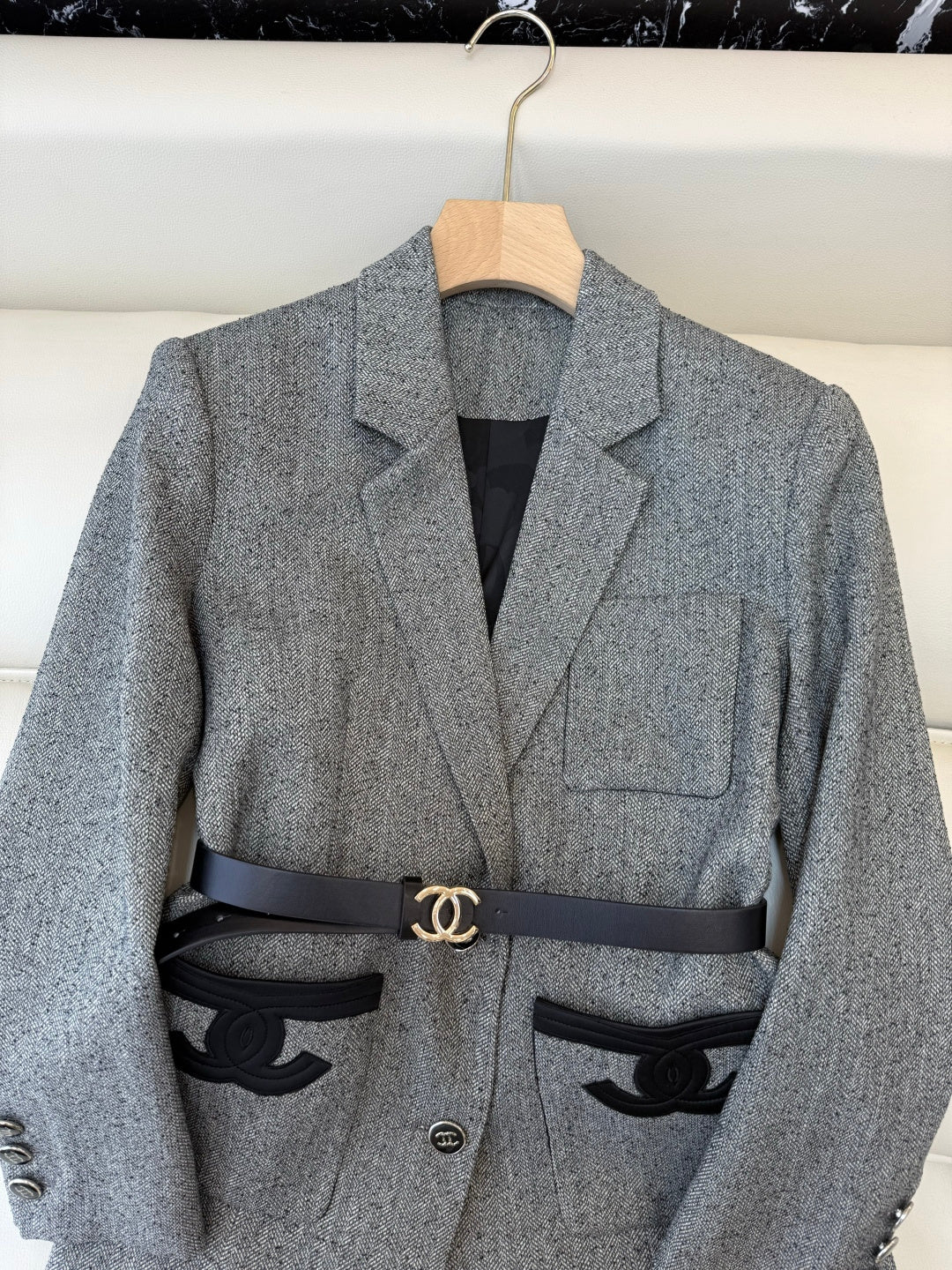 Chanel 2025 Blazer With Belt Gray Black Polyester Wool