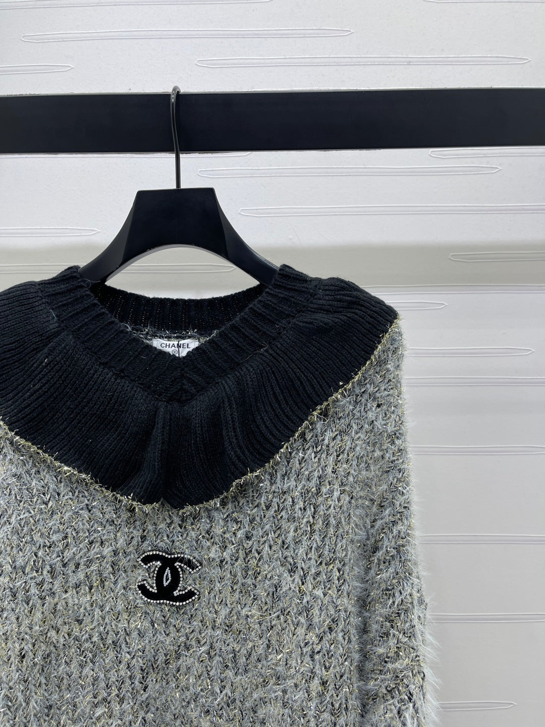 Chanel 2025 Ruffled Collar Shimmering Sweater Gray Black Polyester Wool 319566