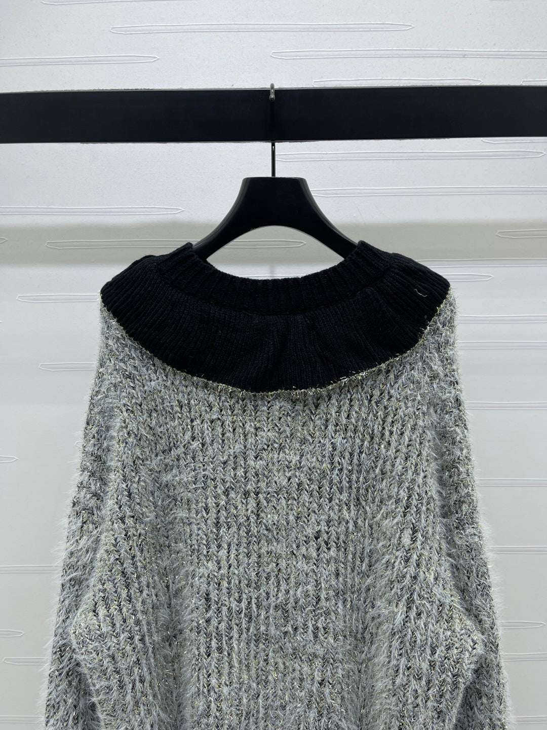 Chanel 2025 Ruffled Collar Shimmering Sweater Gray Black Polyester Wool 319566