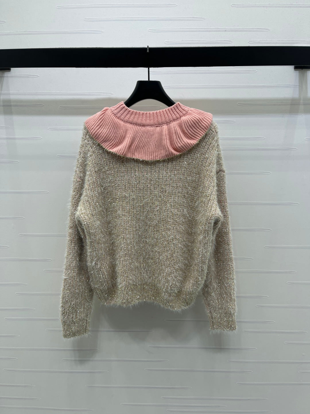 Chanel 2025 Ruffled Collar Shimmering Sweater Beige Pink Polyester Wool 319565