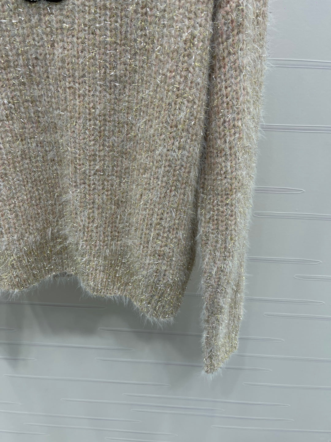 Chanel 2025 Ruffled Collar Shimmering Sweater Beige Pink Polyester Wool 319565