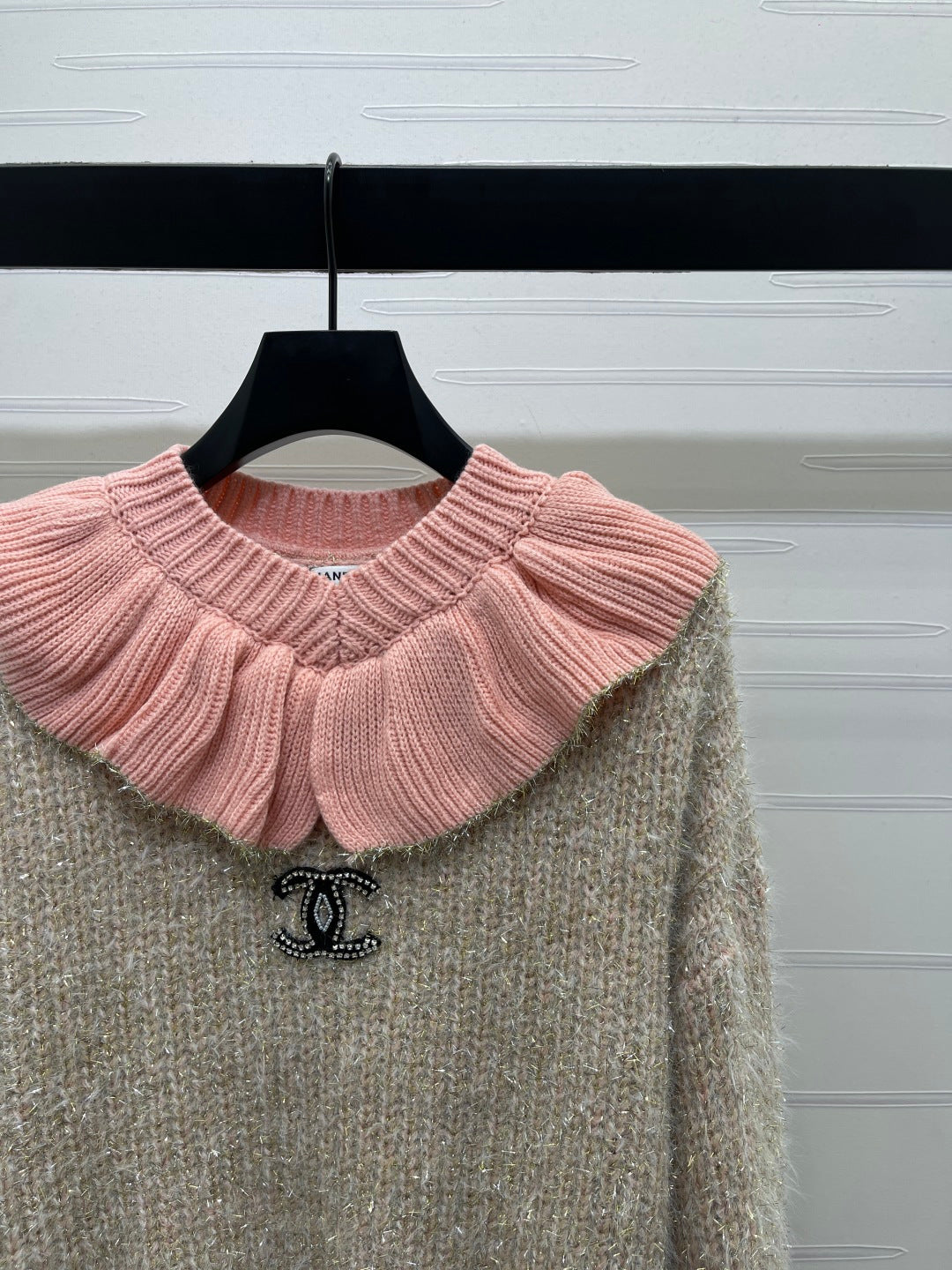 Chanel 2025 Ruffled Collar Shimmering Sweater Beige Pink Polyester Wool 319565