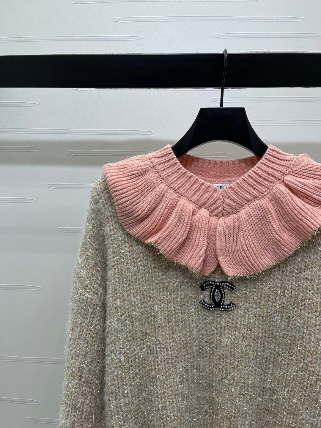 Chanel 2025 Ruffled Collar Shimmering Sweater Beige Pink Polyester Wool 319565