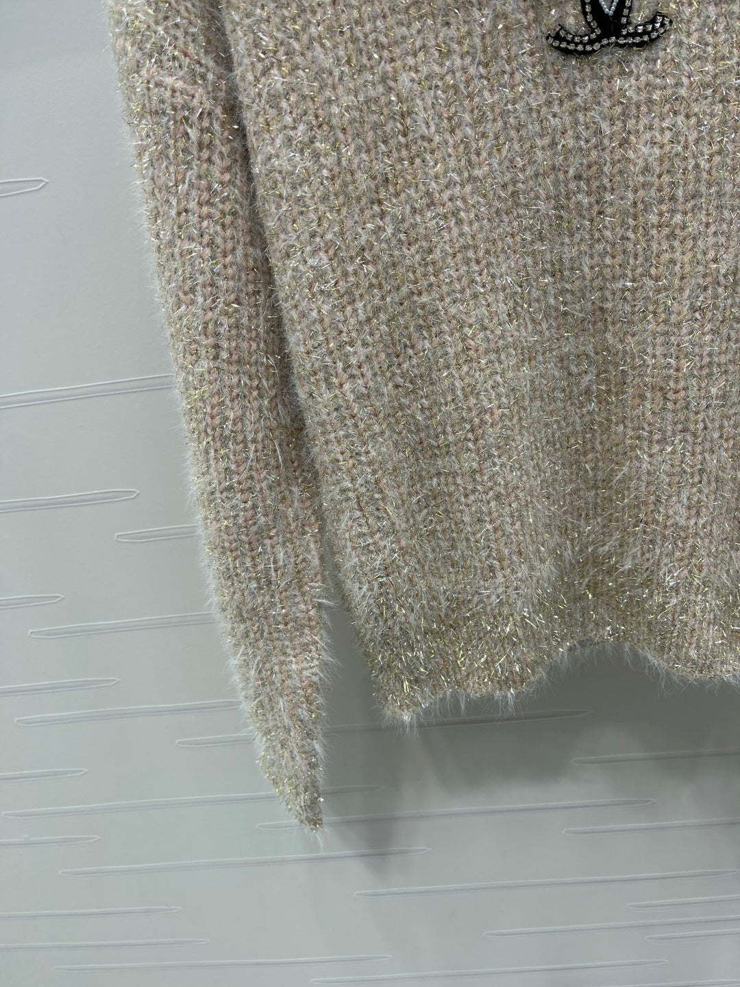 Chanel 2025 Ruffled Collar Shimmering Sweater Beige Pink Polyester Wool 319565