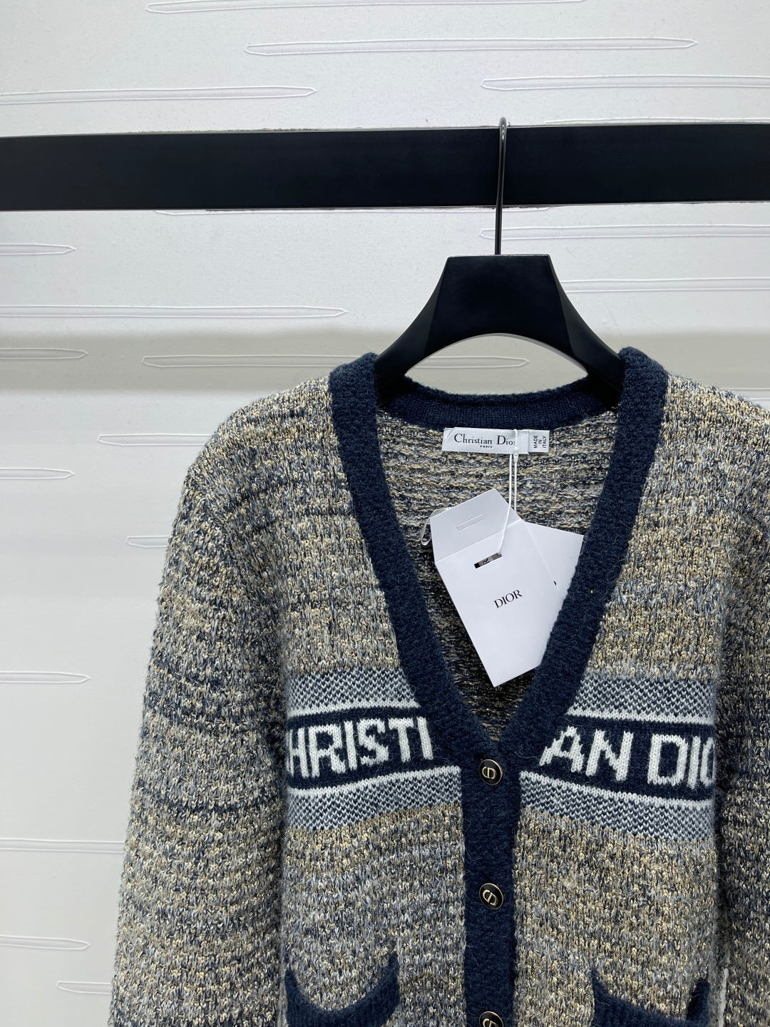 Dior 2025 V-neck Cardigan Beige mix Navy Blue Wool 321292