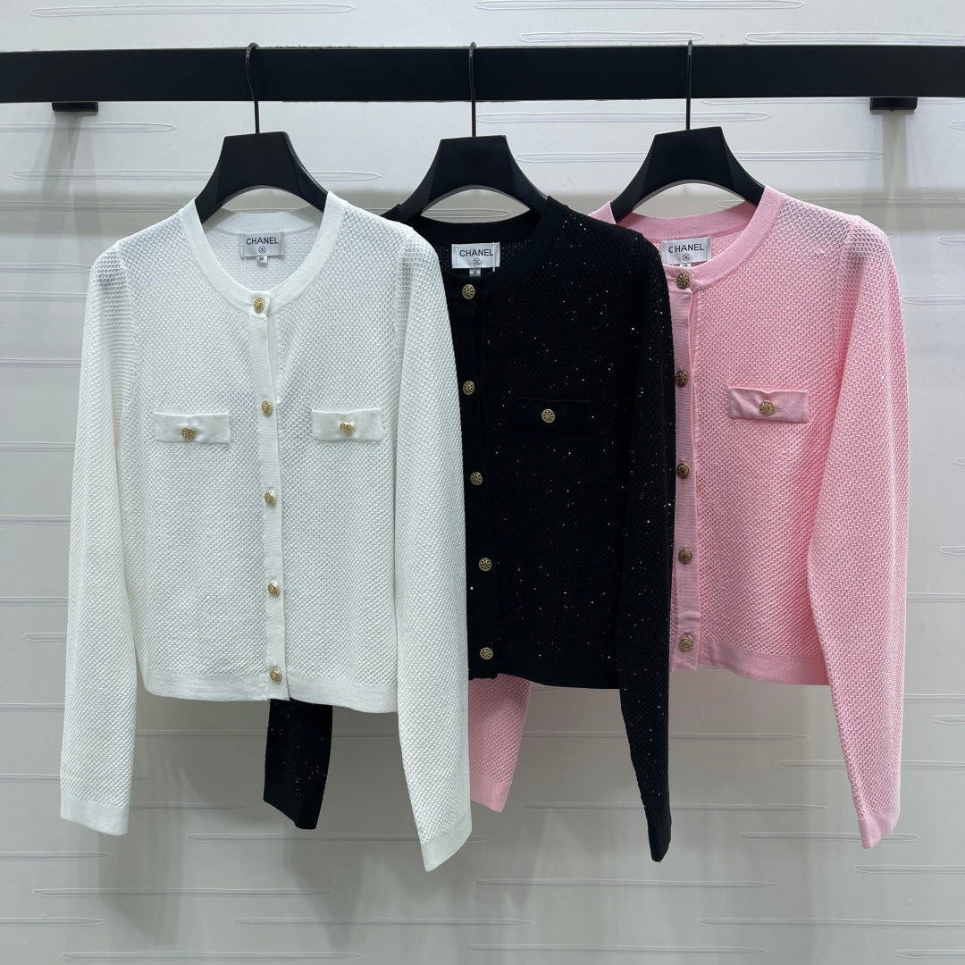Chanel 2026 Sequined Crew Neck Knit Cardigan Silk Wool