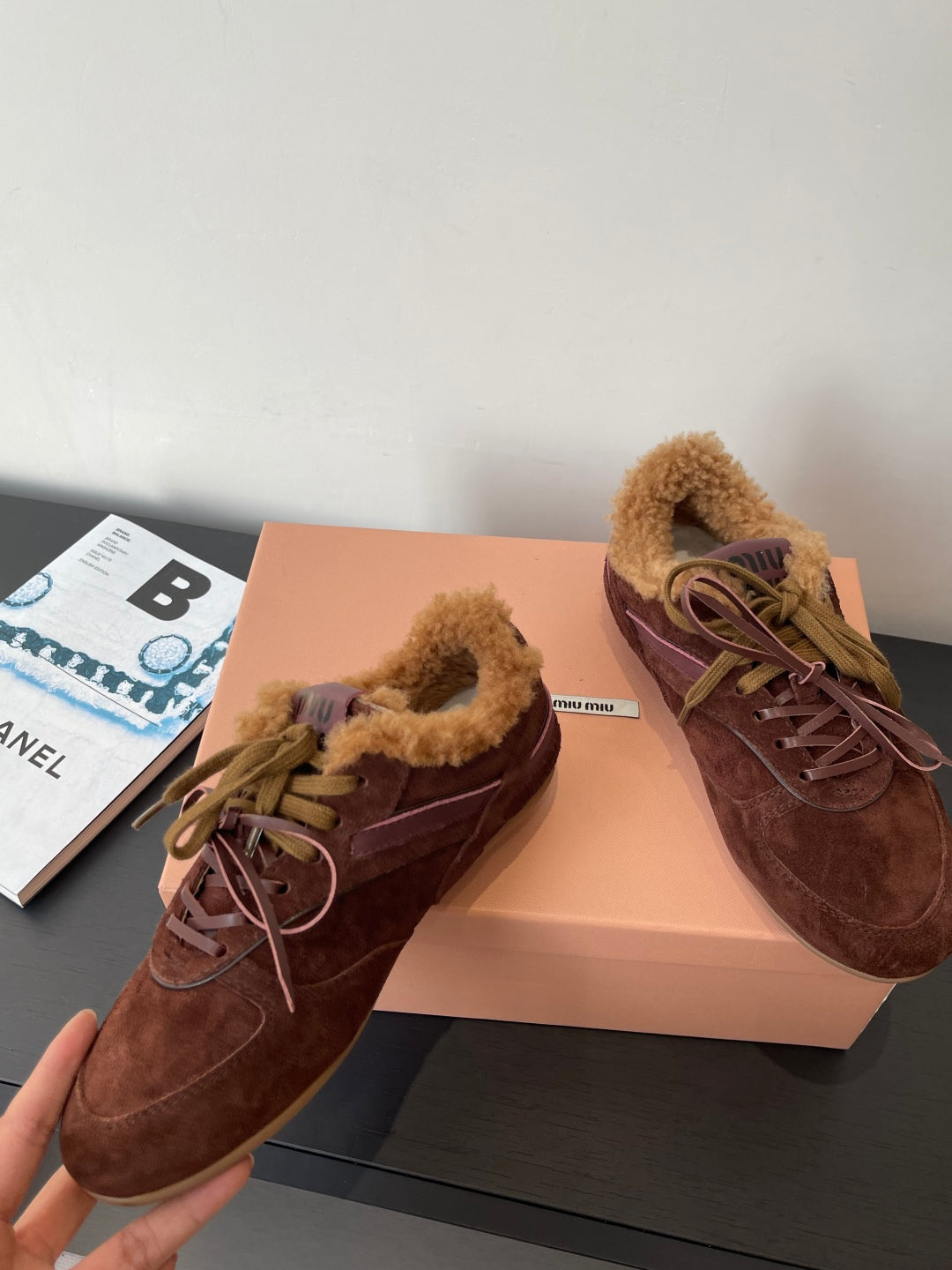 MiuMiu 25 sneaker dark brown suede wool 521960