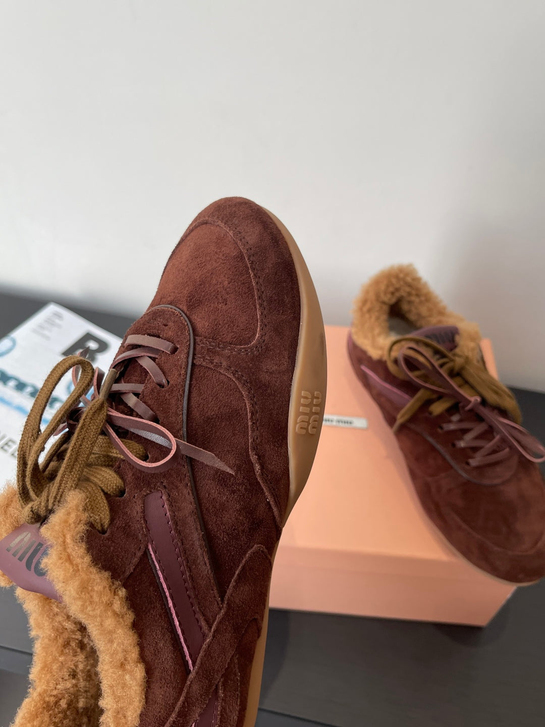 MiuMiu 25 sneaker dark brown suede wool 521960