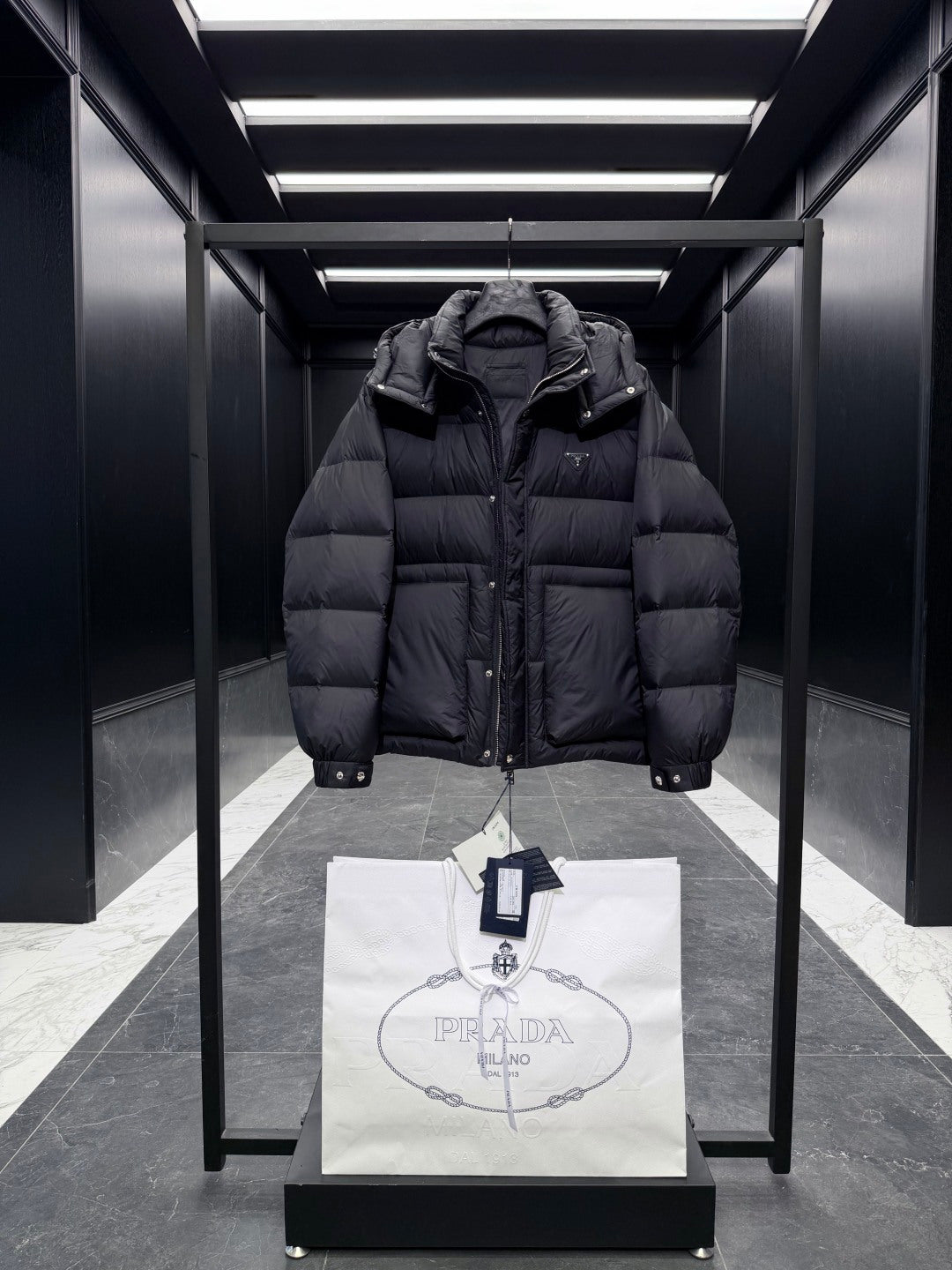 Prada 2025 Quilted Hooded Jacket Black Nylon Down