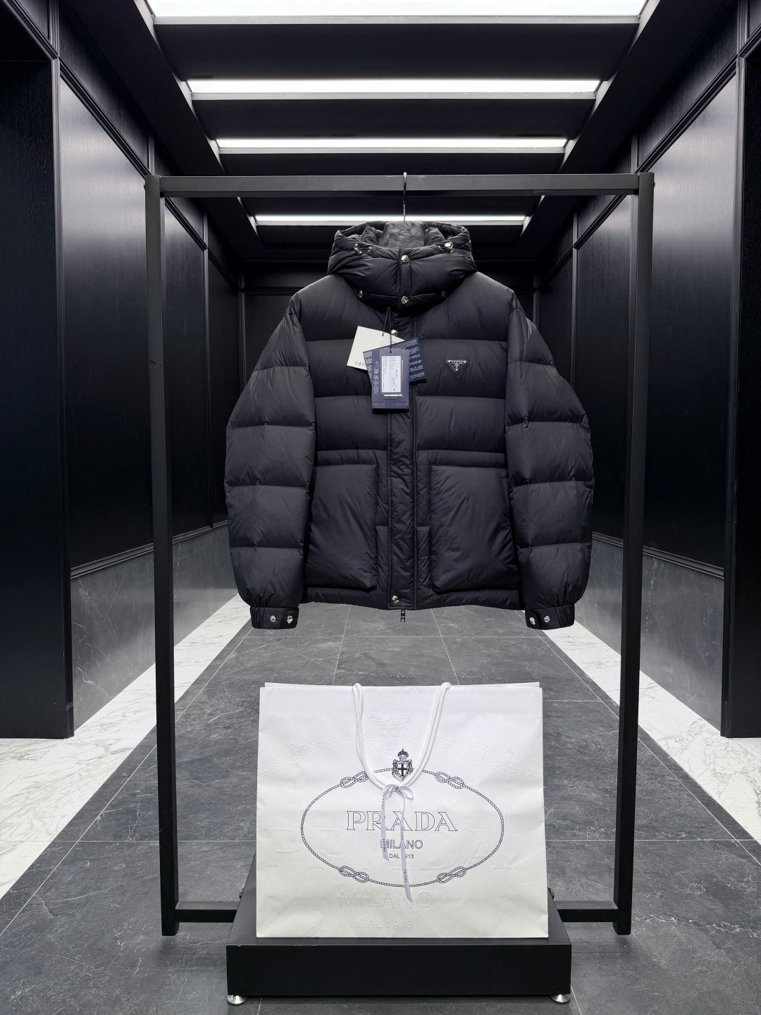 Prada 2025 Quilted Hooded Jacket Black Nylon Down