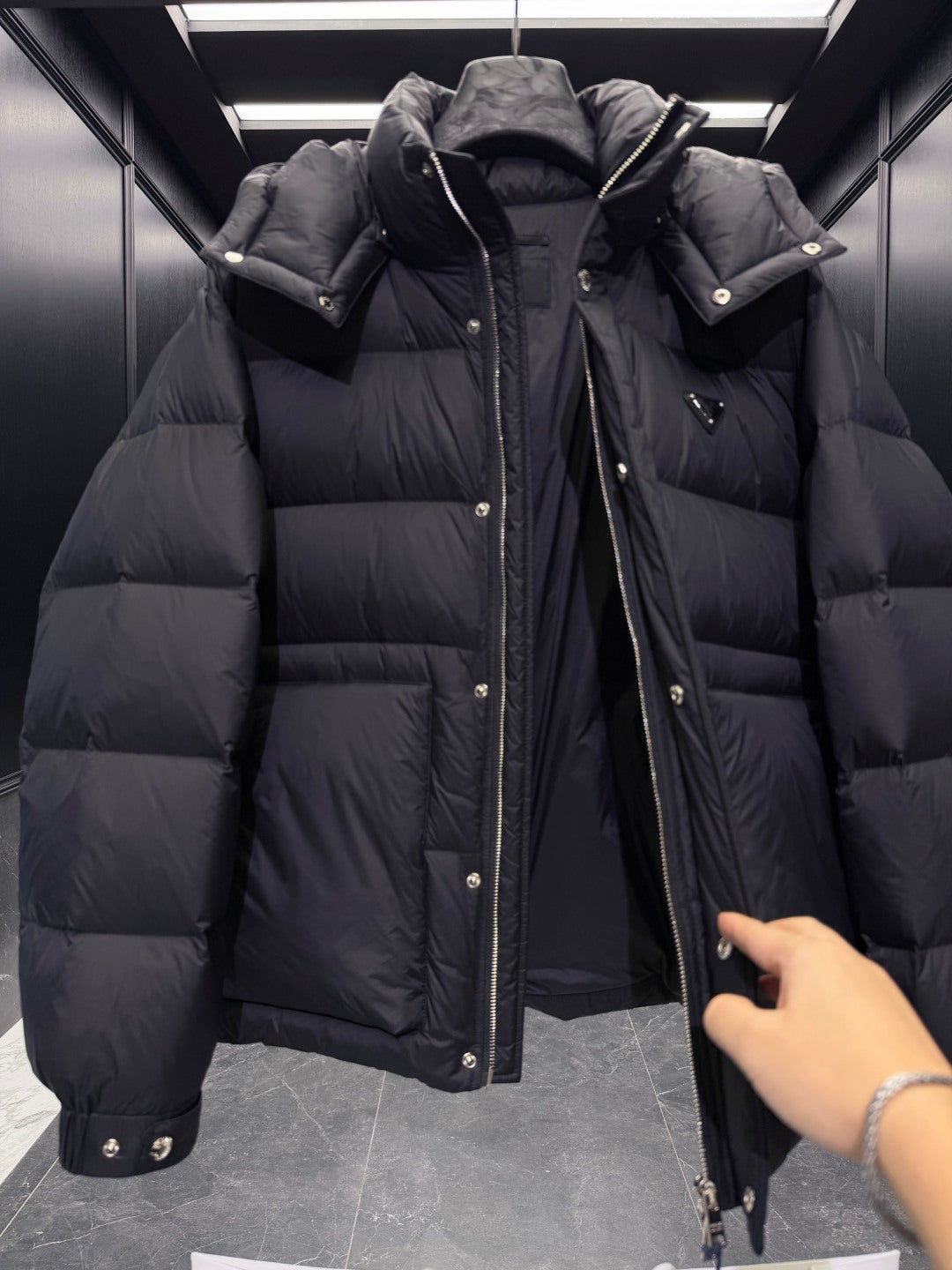 Prada 2025 Quilted Hooded Jacket Black Nylon Down