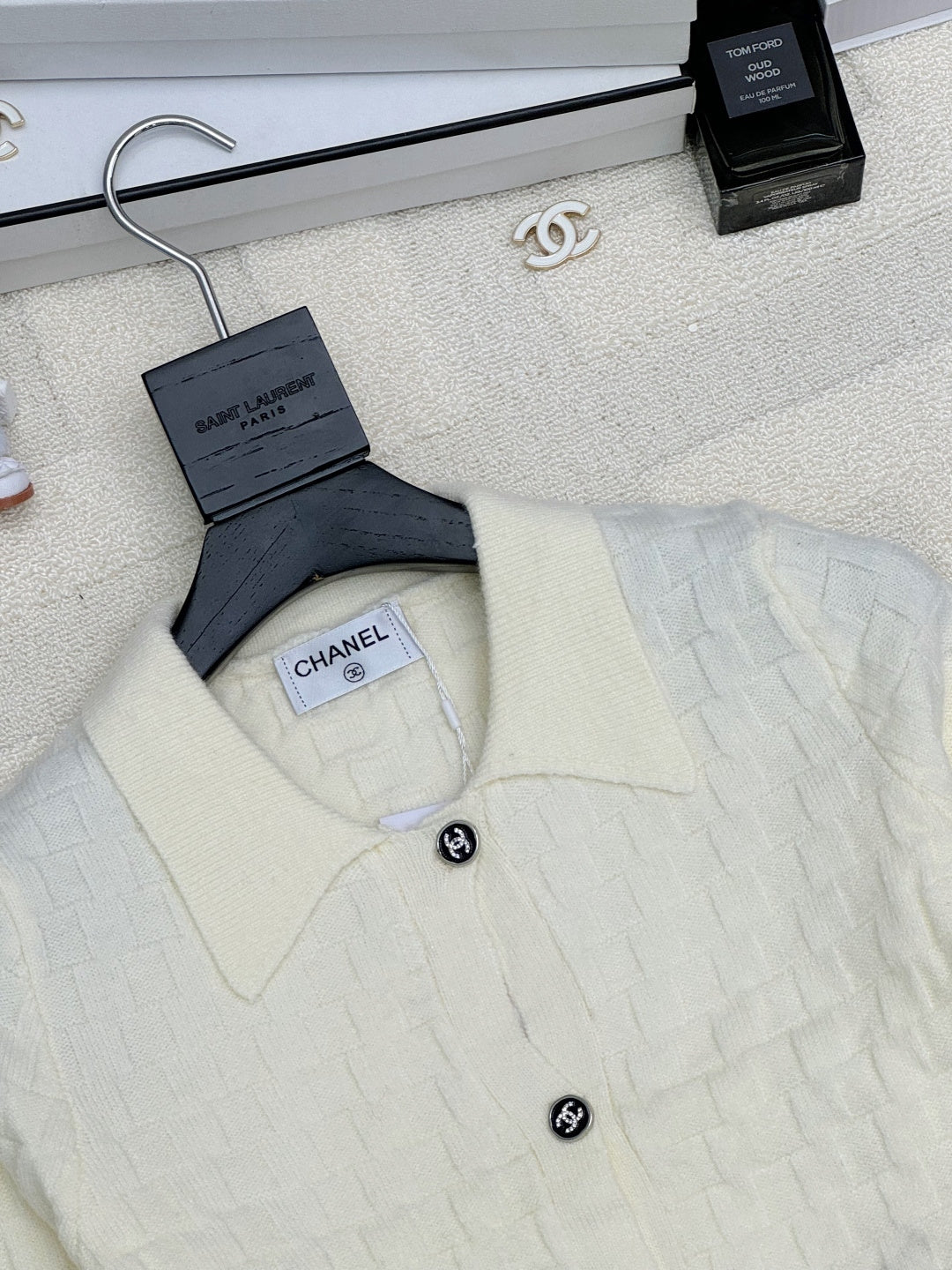 Chanel 2025 Polo Neck High-Waisted Short Knit Cardigan White Wool