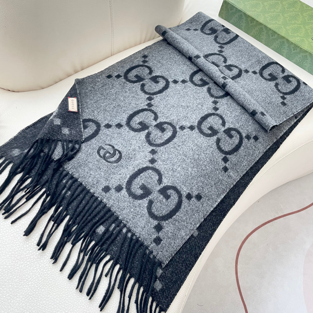 GG Houndstooth Scarf 180CM Black Cashmere 288178