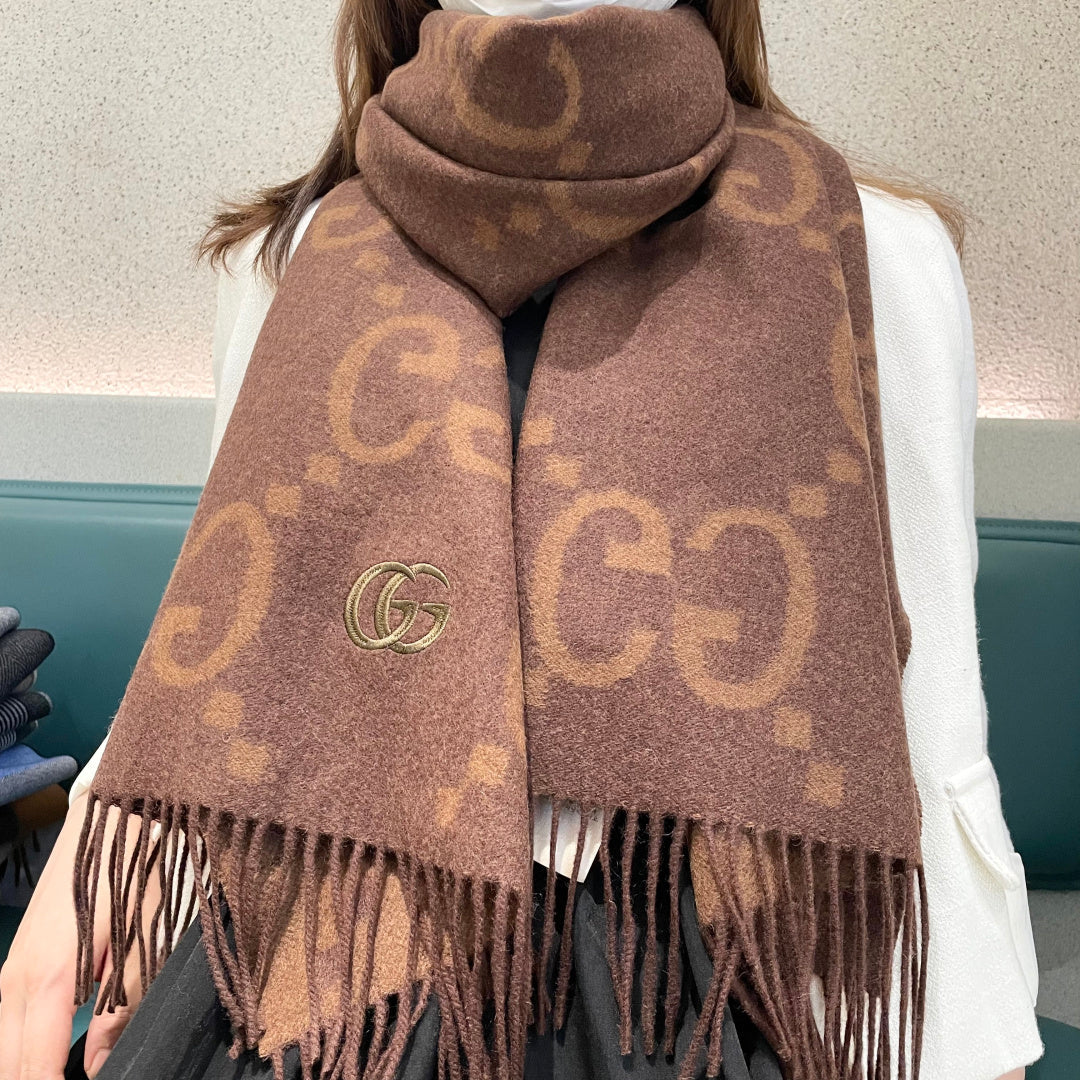 GG Houndstooth Scarf 180CM Brown Cashmere 288179