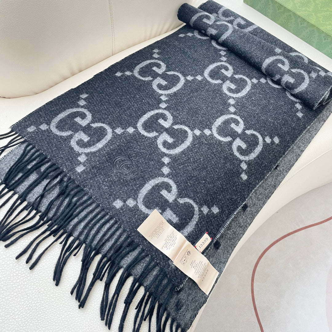 GG Houndstooth Scarf 180CM Black Cashmere 288178