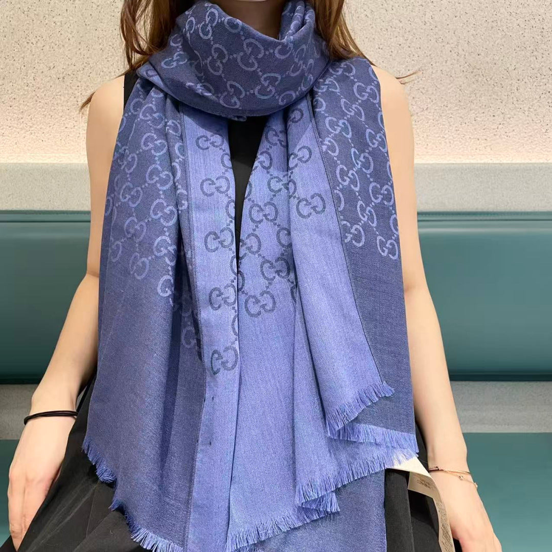 GG Houndstooth Scarf 180CM Blue Cashmere 288128