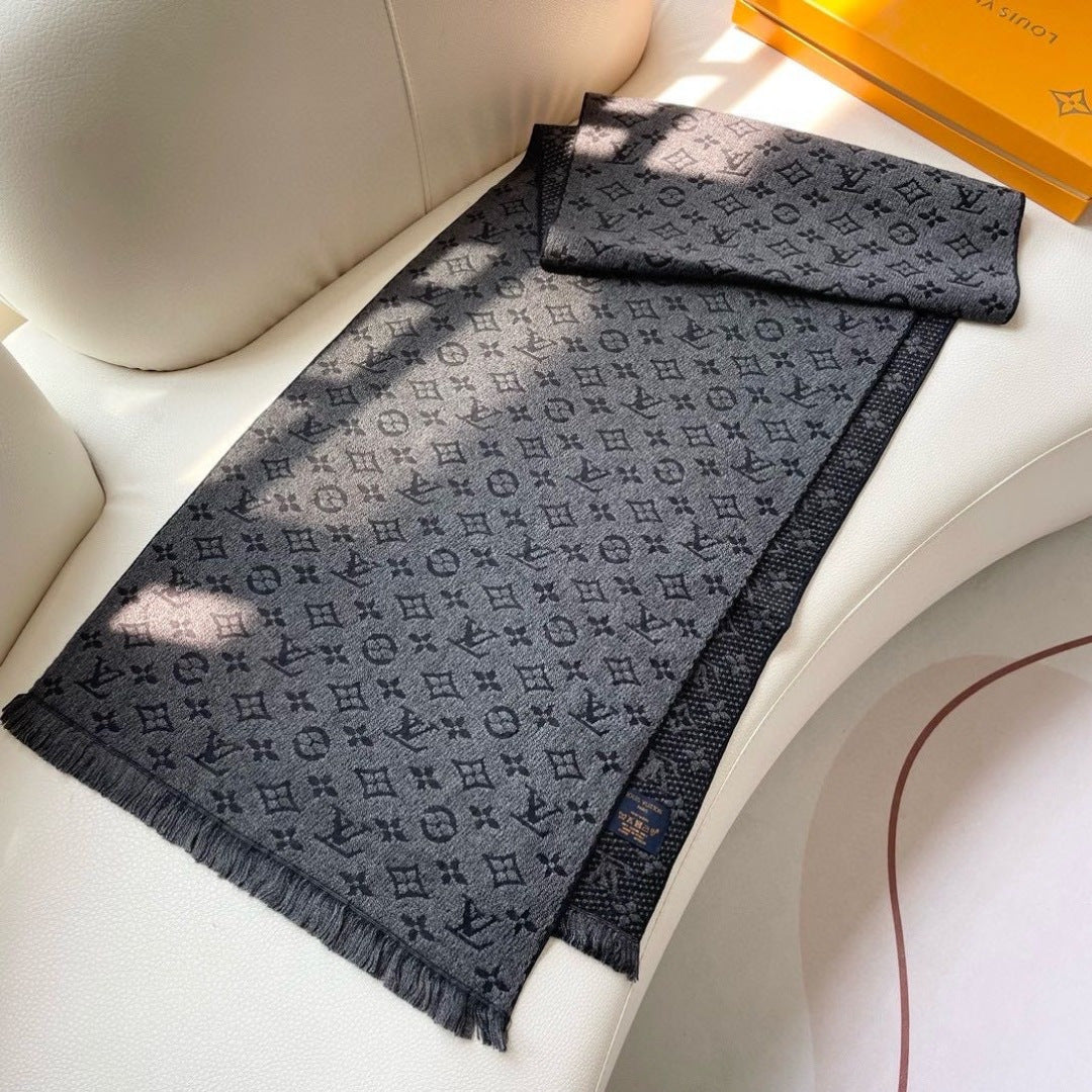 LV Men Scarf 180cm Gray Wool 967166