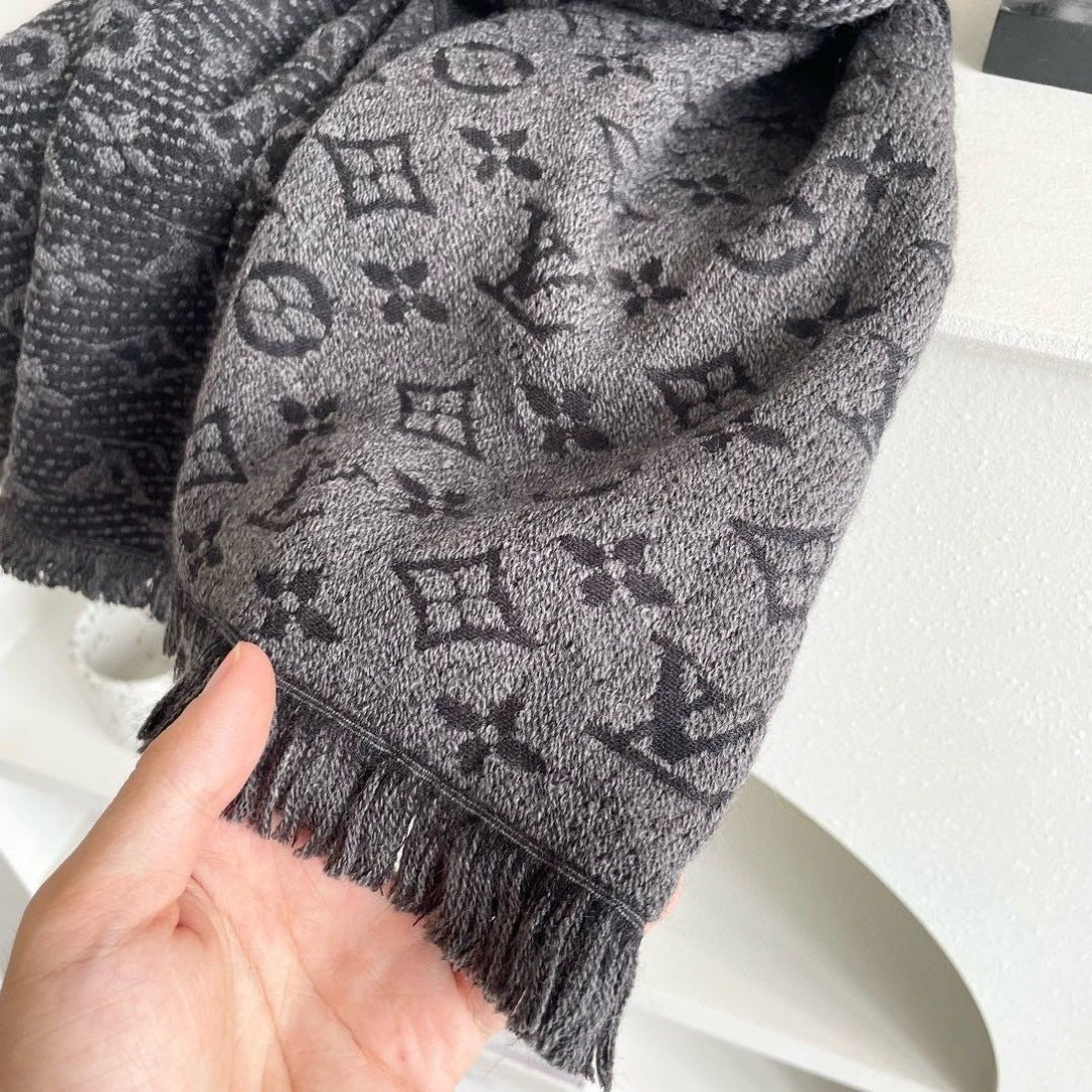 LV Men Scarf 180cm Gray Wool 967166
