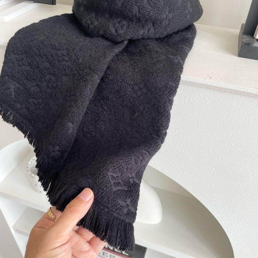 LV Men Scarf 180cm Black Wool 967168