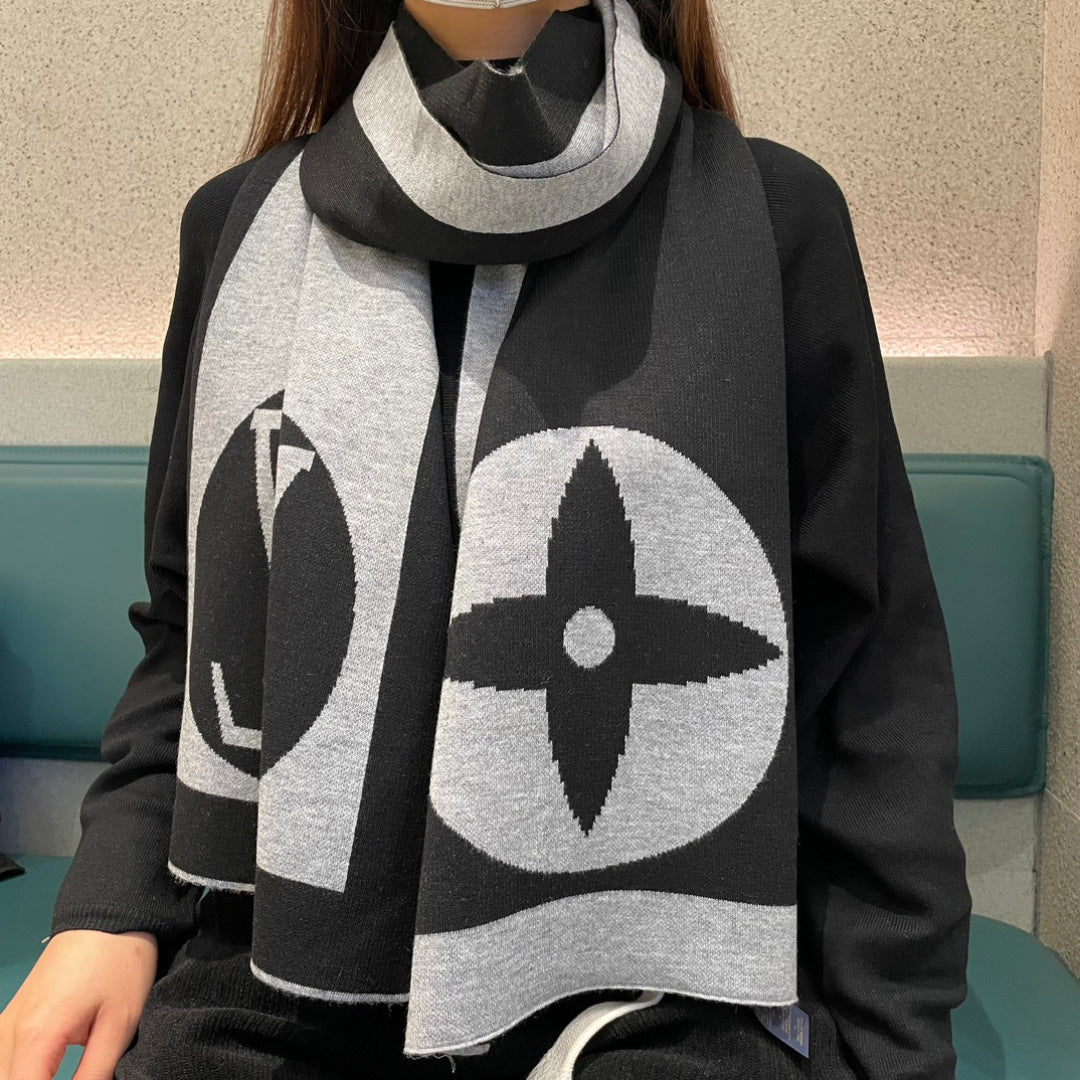 LV Exclusive Scarf 180cm Black Gray Cashmere 968497
