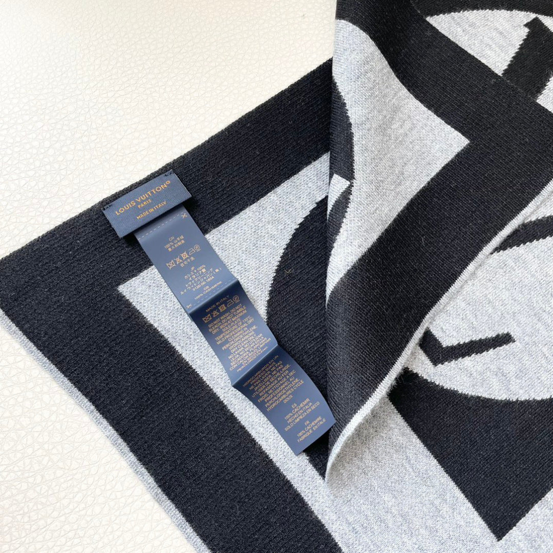 LV Exclusive Scarf 180cm Black Gray Cashmere 968497