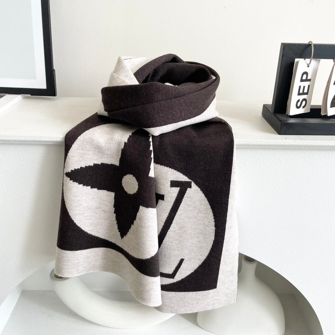 LV Exclusive Scarf 180cm Black White Cashmere 968498