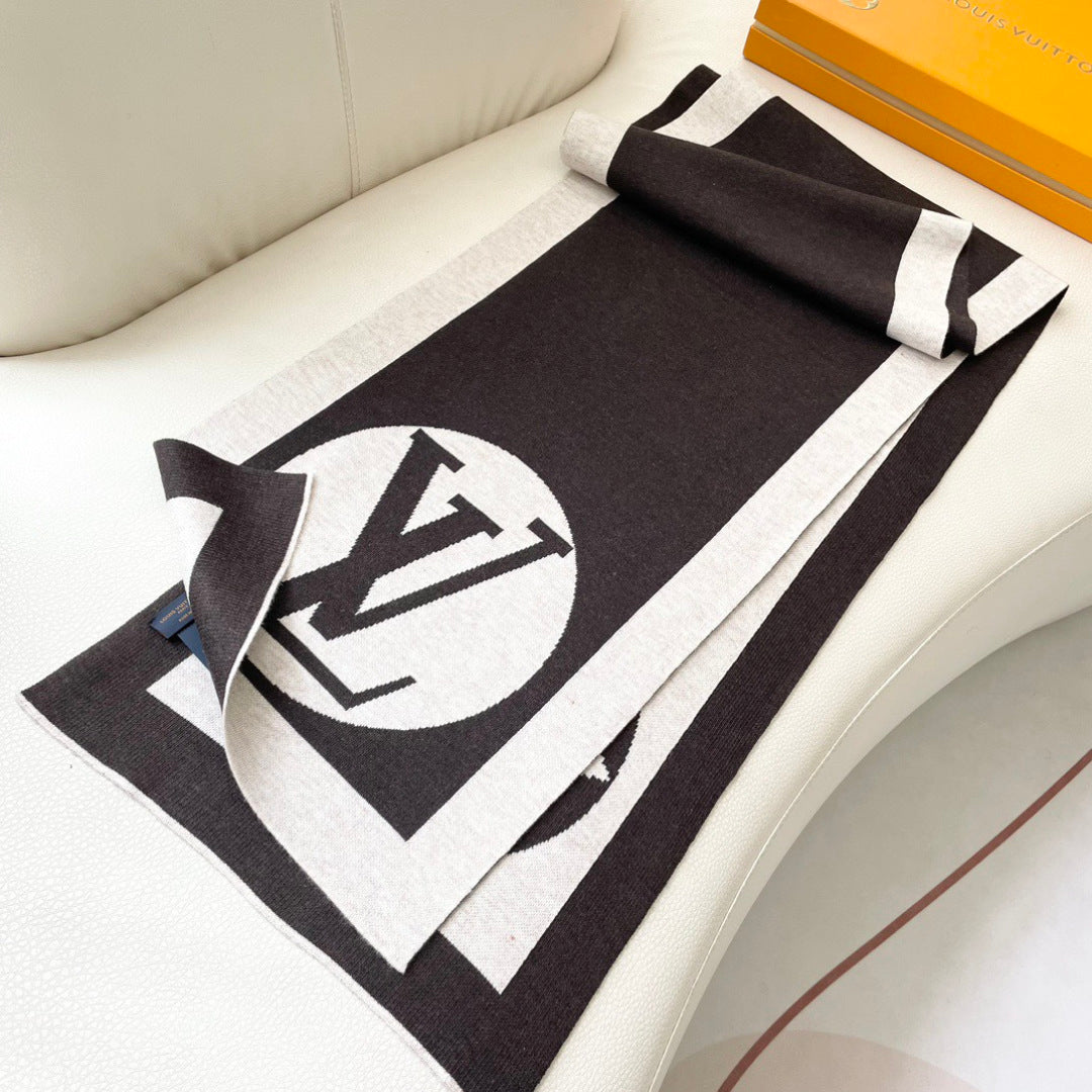 LV Exclusive Scarf 180cm Black White Cashmere 968498