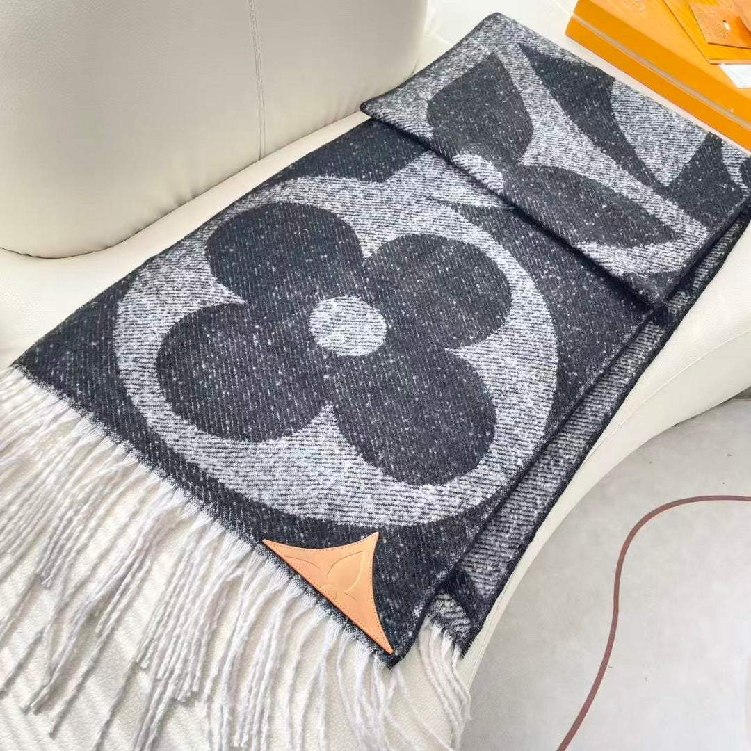 LV Scarf 190cm Black Gray Wool 968486