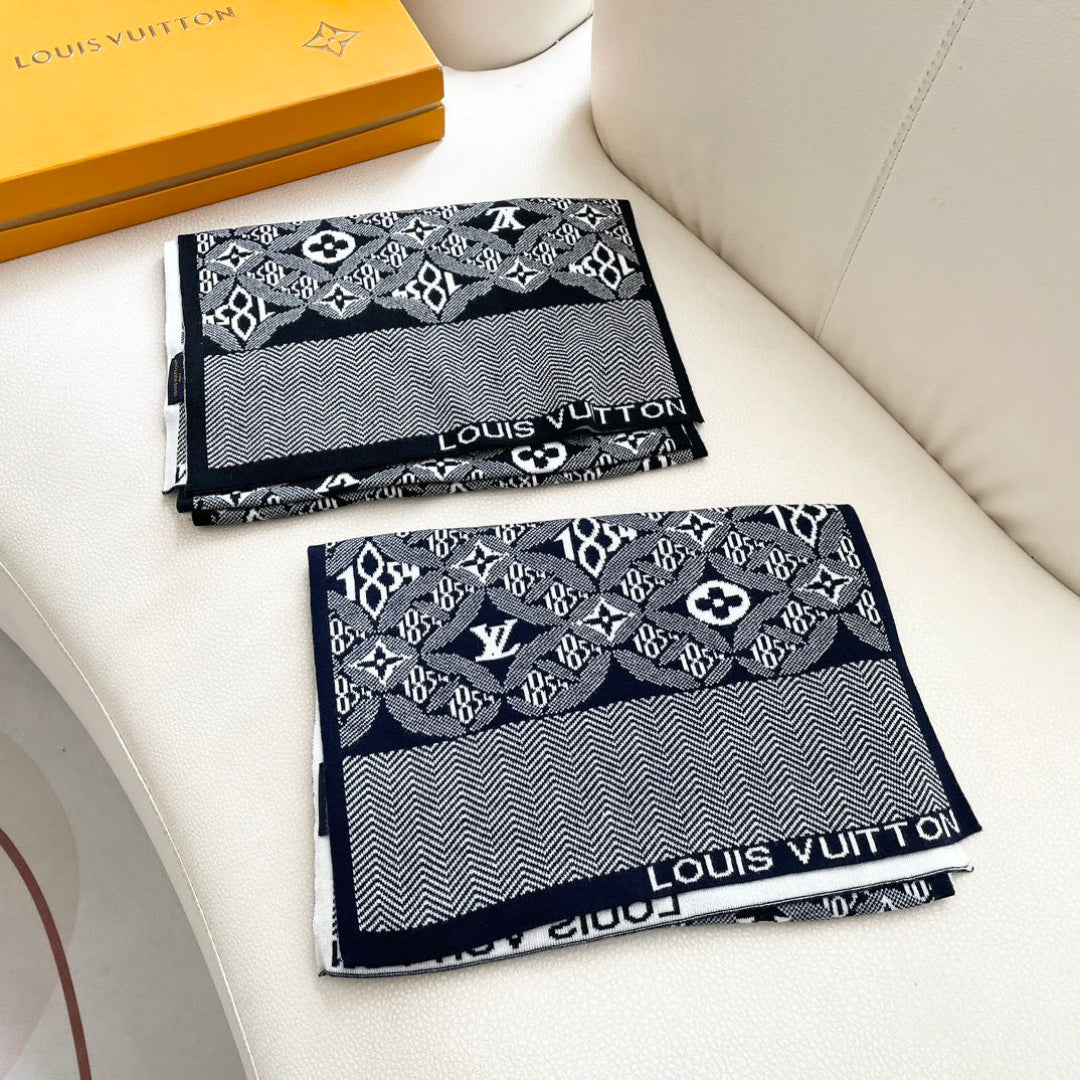 LV Couple's Style Scarf 180cm Navy Blue White Cashmere 969313