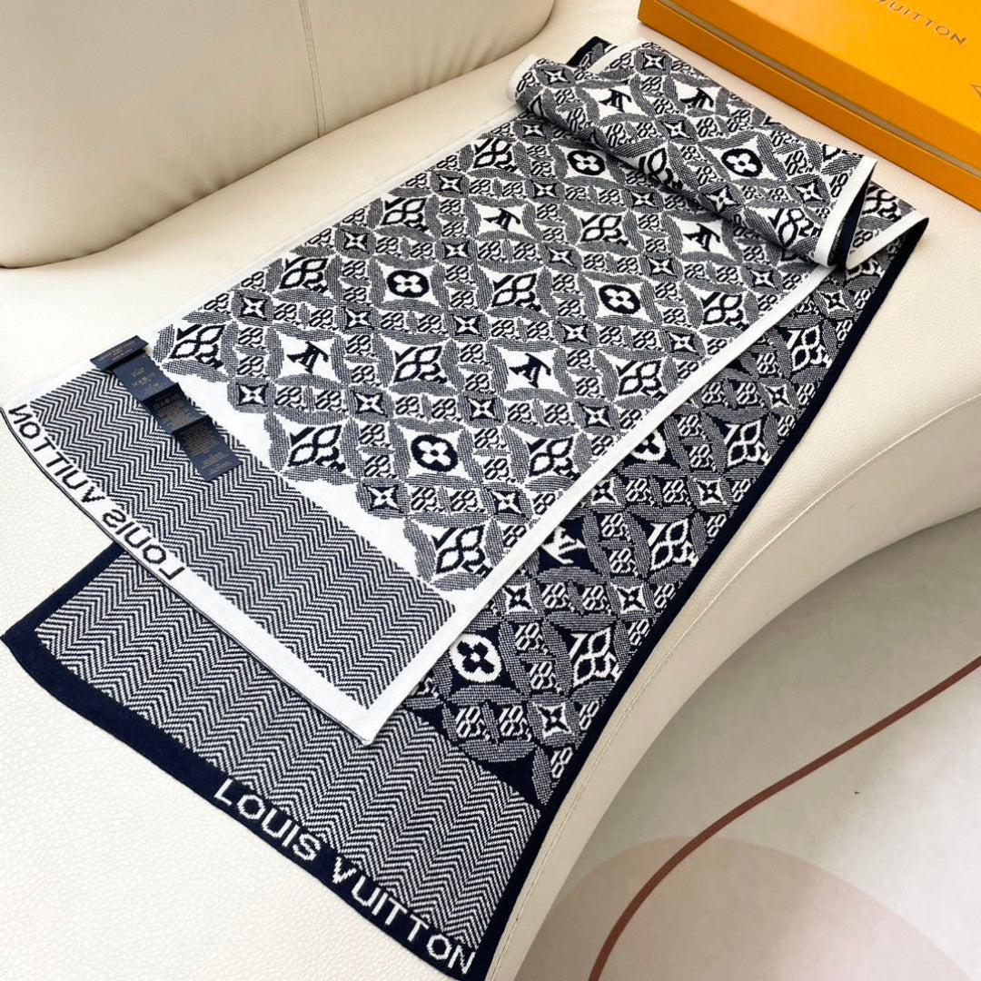 LV Couple's Style Scarf 180cm Navy Blue White Cashmere 969313