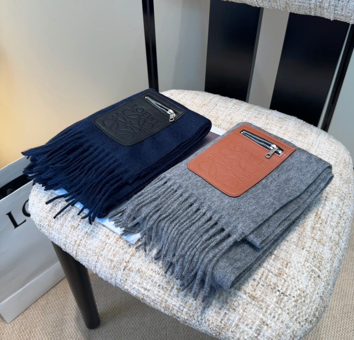 Loewe Scarf 180CM Gray Mix Camel Wool-blend Leather 969504