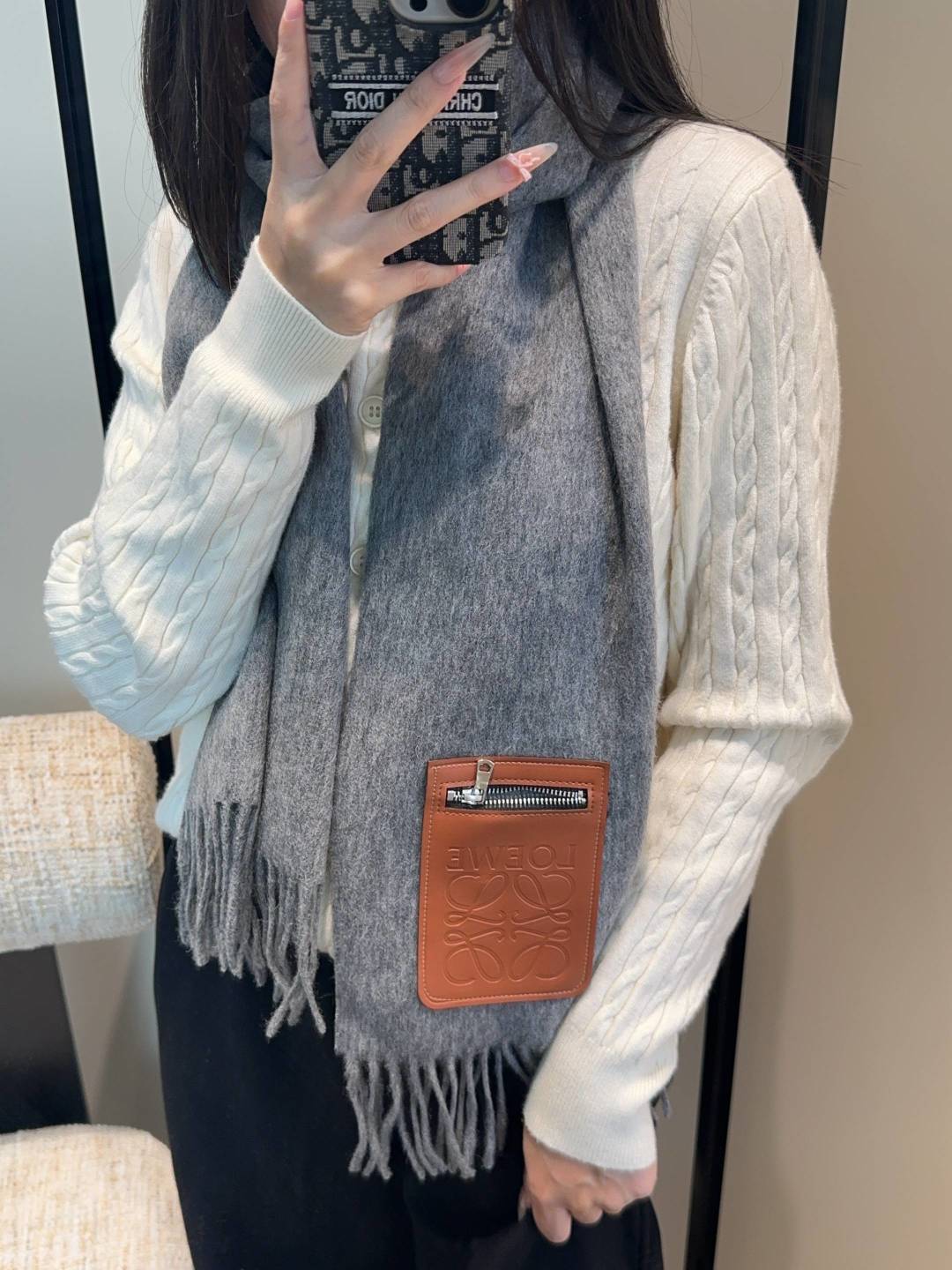 Loewe Scarf 180CM Gray Mix Camel Wool-blend Leather 969504