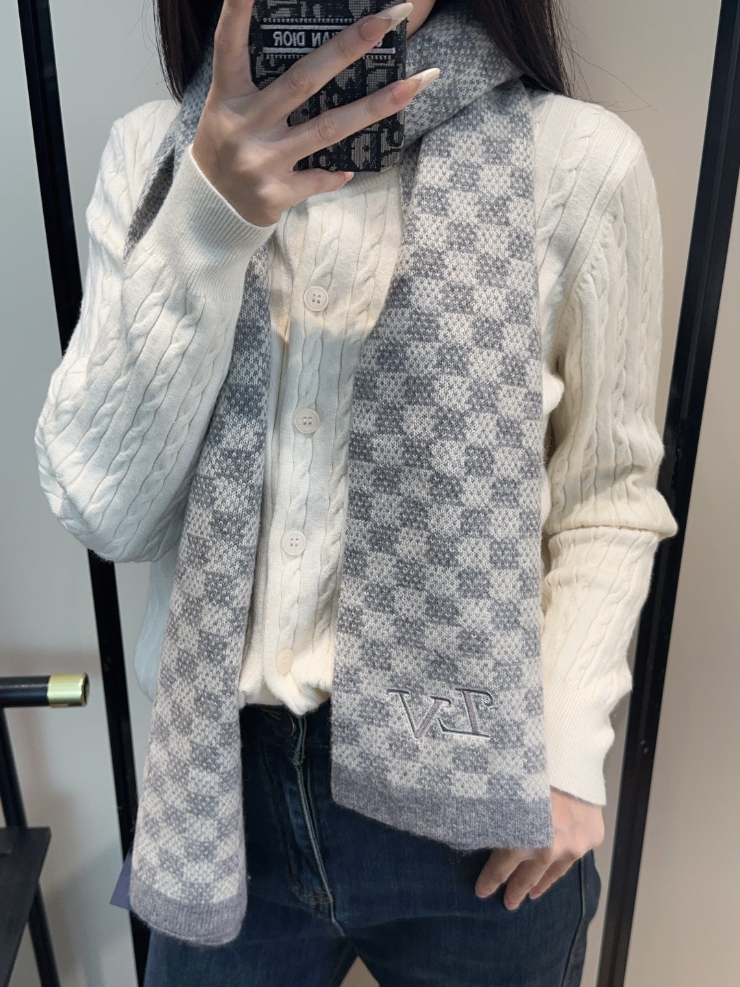 LV Couple's Style Scarf 180cm Gray Knitted  Cashmere 973385