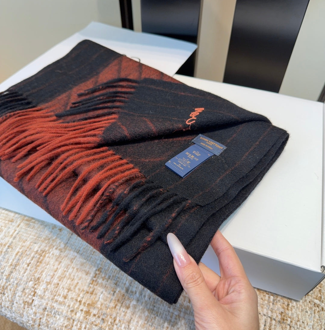 LV Scarf 180cm Black Deep Red Wool Cashmere 977014