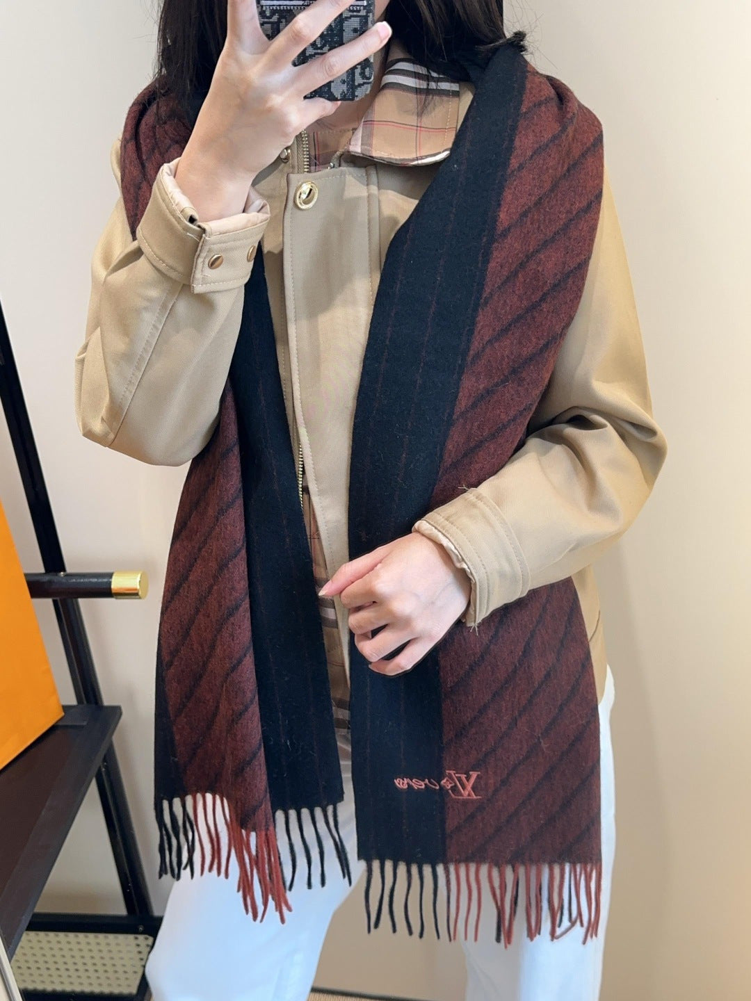 LV Scarf 180cm Black Deep Red Wool Cashmere 977014