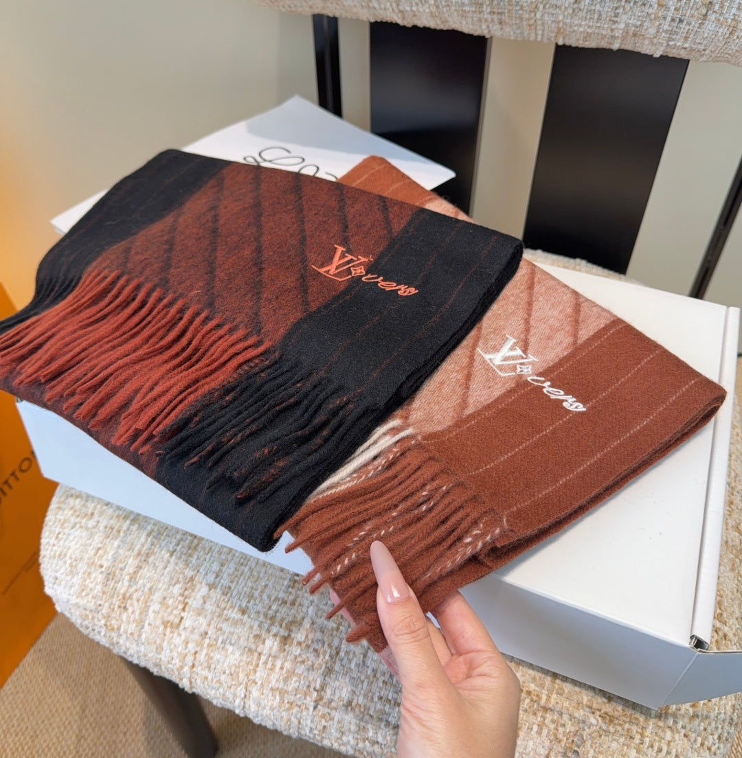LV Scarf 180cm Black Deep Red Wool Cashmere 977014